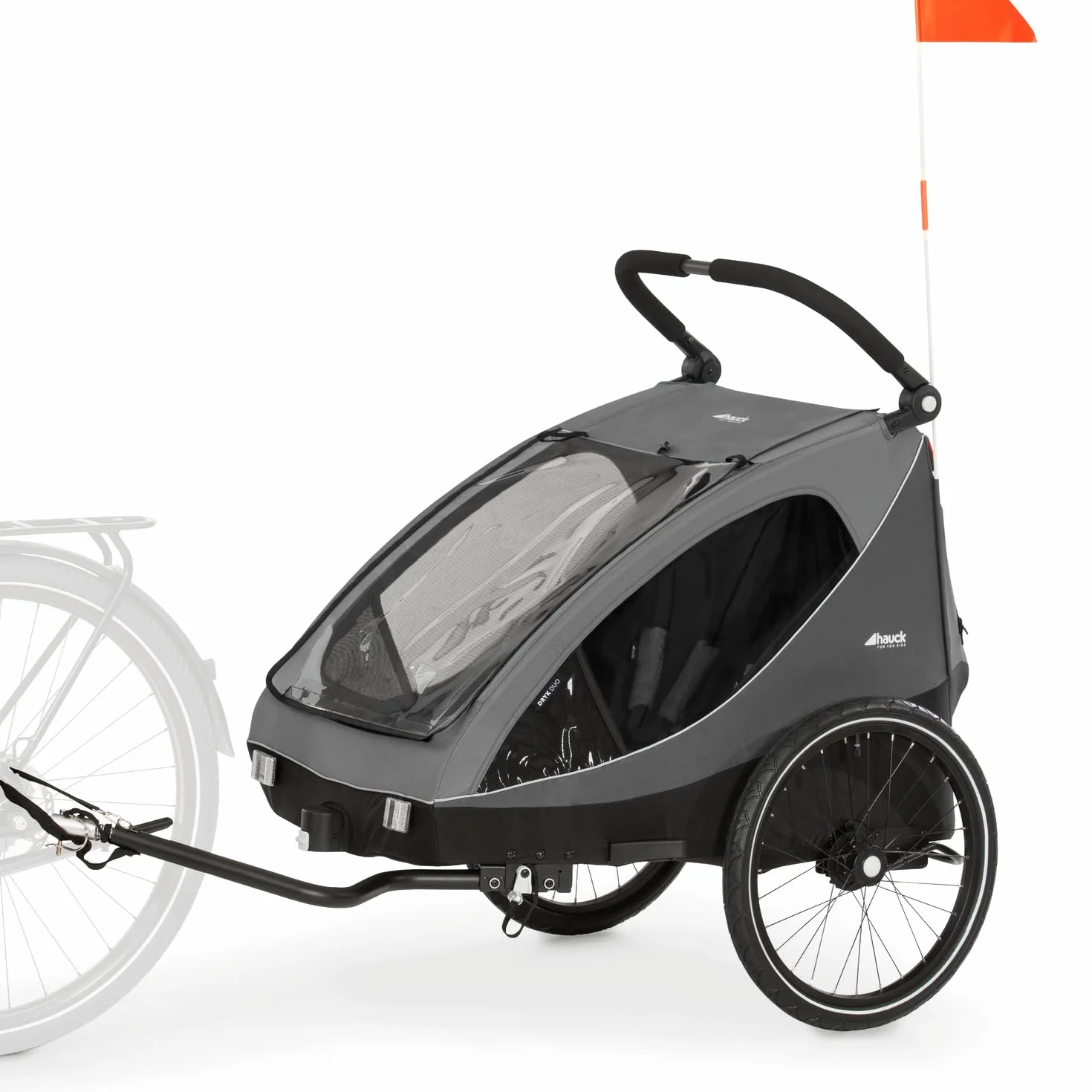 hauck Remolque Bicicleta Niños 2 Plazas Dryk Duo - Carro Bici Infantil Completo desde 6 Meses hasta 22 kg - Enganche Incluido - Silla de Paseo Gemelar Maletero XL - Plegable - Gris