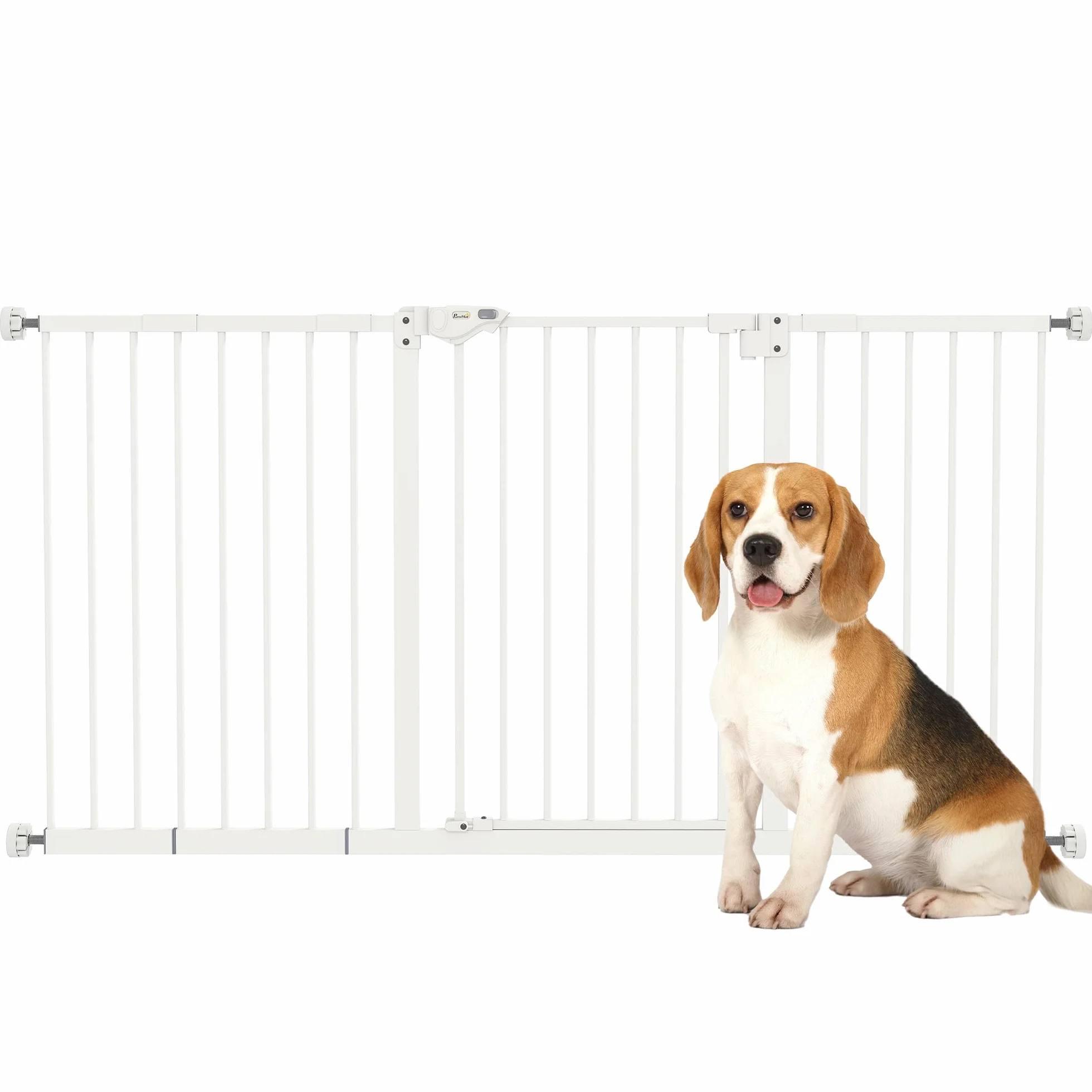 PawHut Barrera de Seguridad para Puertas y Escaleras Barrera para Perros con Cierre Automático y Sistema de Doble Bloqueo Metal 3 Extensiones 17,5/20,3/30,5 cm, 74-147,5x76,2 cm Blanco
