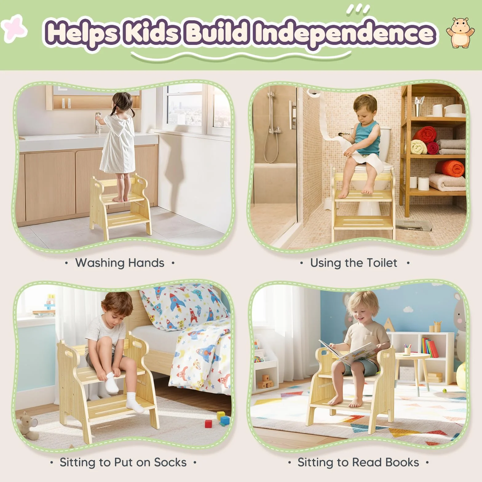 Taburete de Madera para Niños con 2 Escalones - Banqueta para Dormitorio, Baño, Cocina