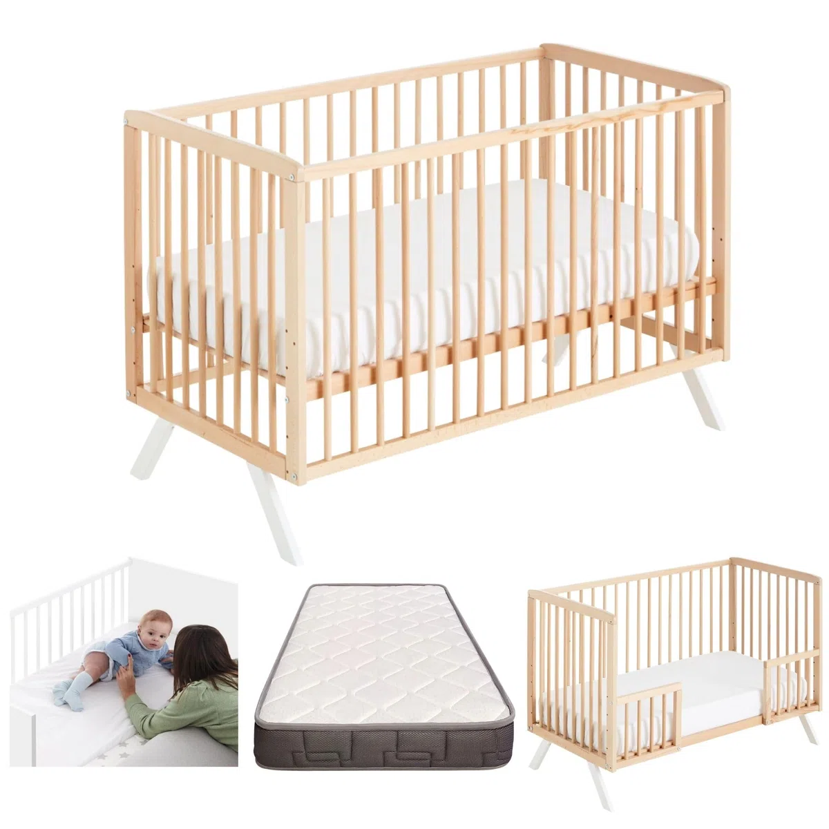 Cuna Colecho de Bebé Koala Estilo Nórdico Natural 120x60 cm, de Madera de Haya, con Colchón Morfeo y Barandillas Naturales CoolDreams