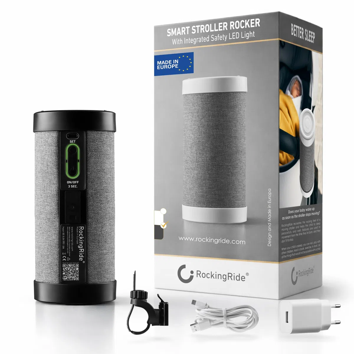 Mecedor Automático Recargable para Cochecito de Bebé – Ayuda para Dormir con Balanceo Suave, 3 Velocidades, Luz LED de Seguridad, USB-C, hasta 30 h - RockingRide PRO (Negro)
