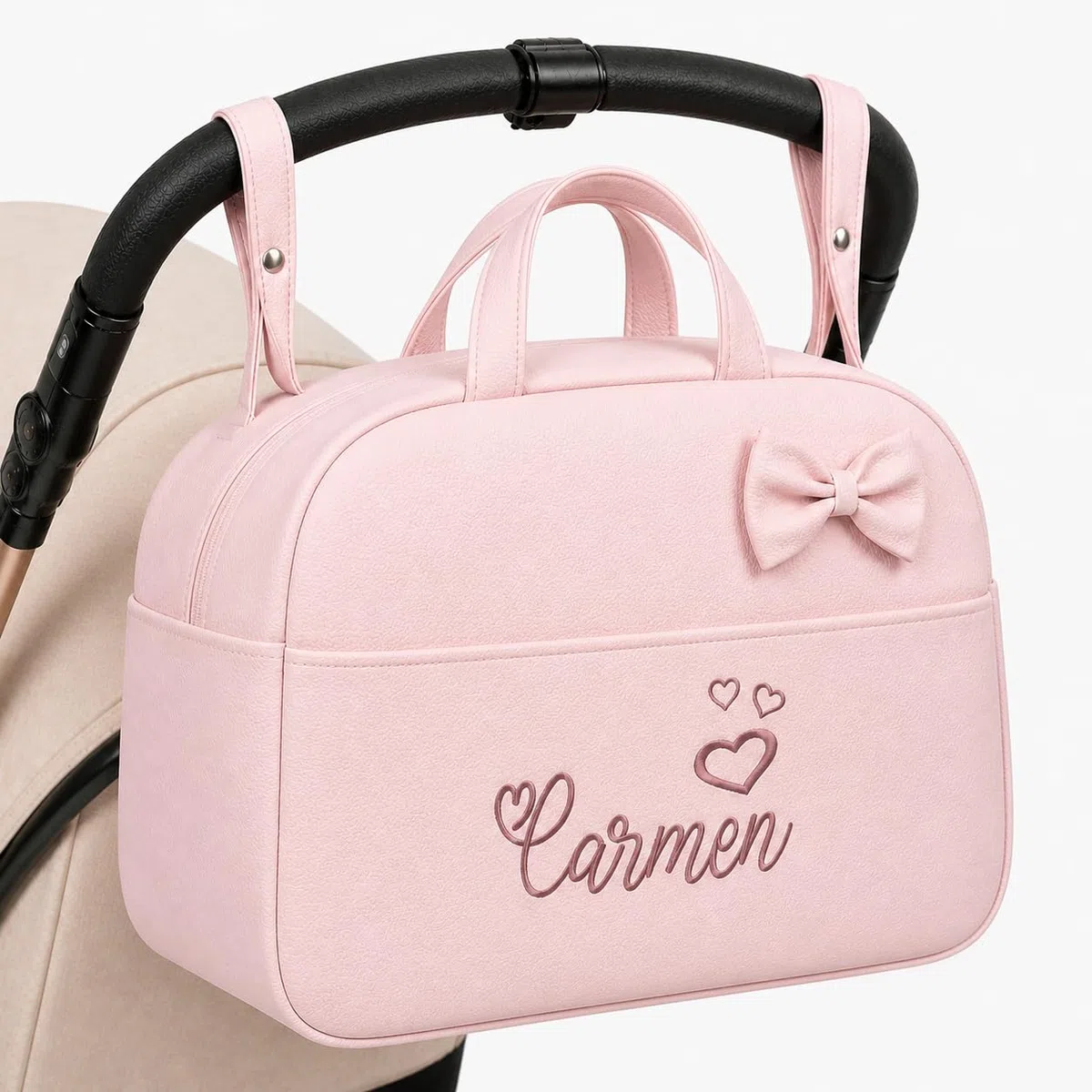 Danielstore - Bolso Maternidad Personalizado | Organizador Pañales | Asa Colgar al Hombro | Compatible Carrito Bebe | Fácil Limpieza, Rosa, 1 Unidad, Polipiel