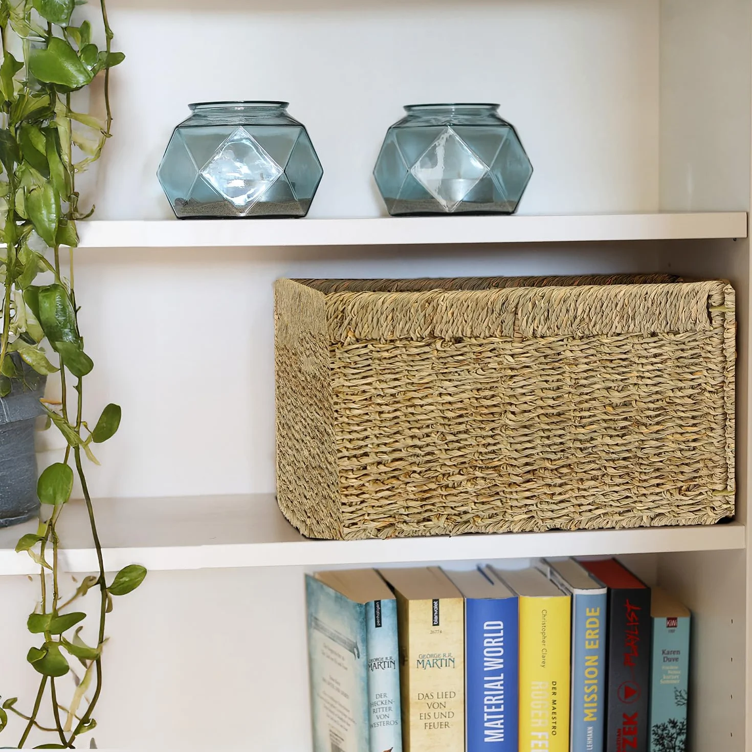 Cesta de almacenamiento compatible con estantería Billy, trenzada de hierba marina, juego de 2, 35 x 25 x 20 cm, Natural