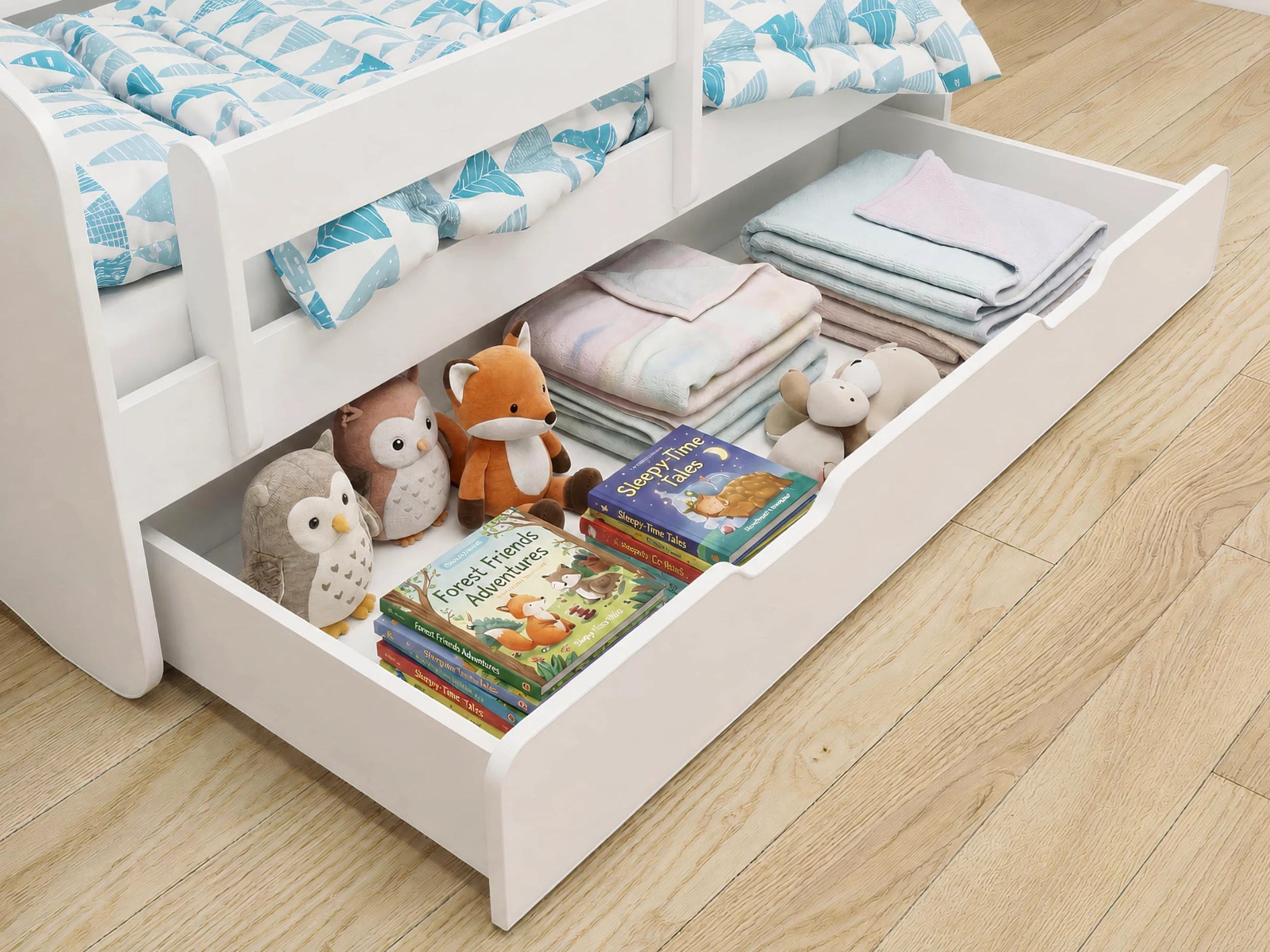 Cama infantil y juvenil Acma II con un cajón y colchón, color blanco blanco Weiß Talla:140x70 cm + Schublade