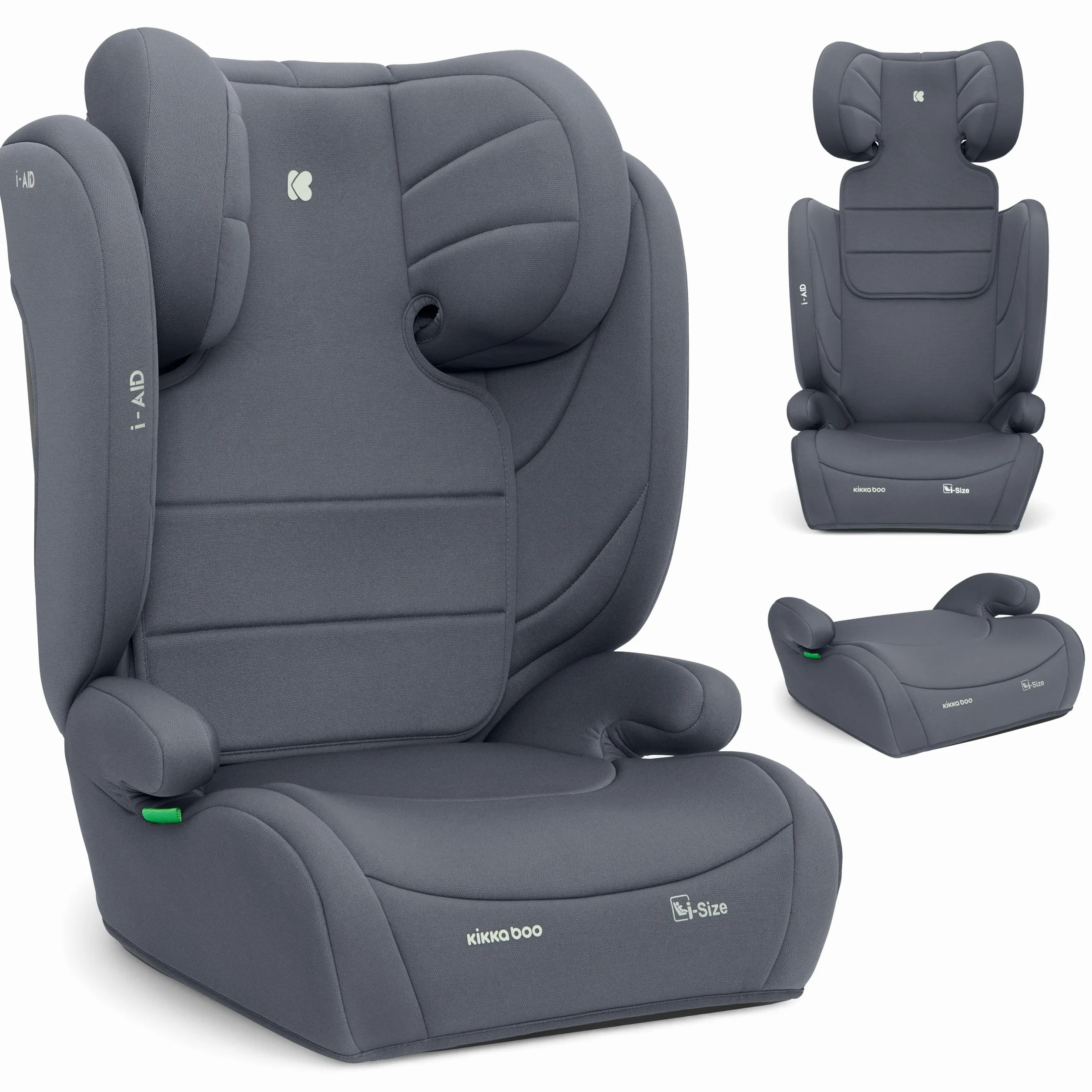 KikkaBoo Silla Coche Grupo 3 (15-36 kg, 100-150 cm) i-AID, Silla Para Niño sin ISOFIX, i-Size, De 3,5 a 12 Años, 13 Posiciones Reposacabezas, Gris