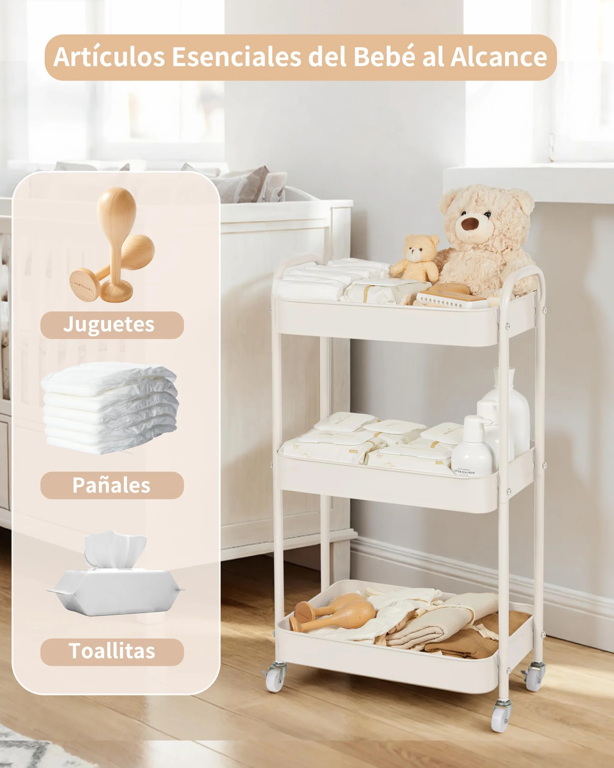 Fortella Carrito Auxiliar 3 Niveles, Cesta Bebe Recien Nacido Fieltro Portátil, Almacenamiento Hogar, Organizador Pañales, Multifuncional Carrito Cocina Baño (Beige)