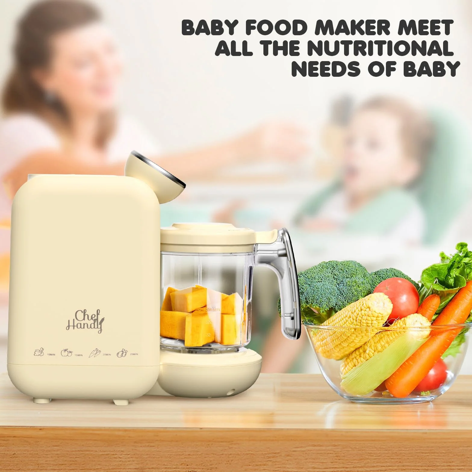 Procesador de alimentos para bebé 5 en 1, Multifuncional con Control Inteligente, Vaporera y Molinillo, Auto-Cocción y Molienda, Calentador de Comida para Bebés - Máquina de Molinos Amarillo