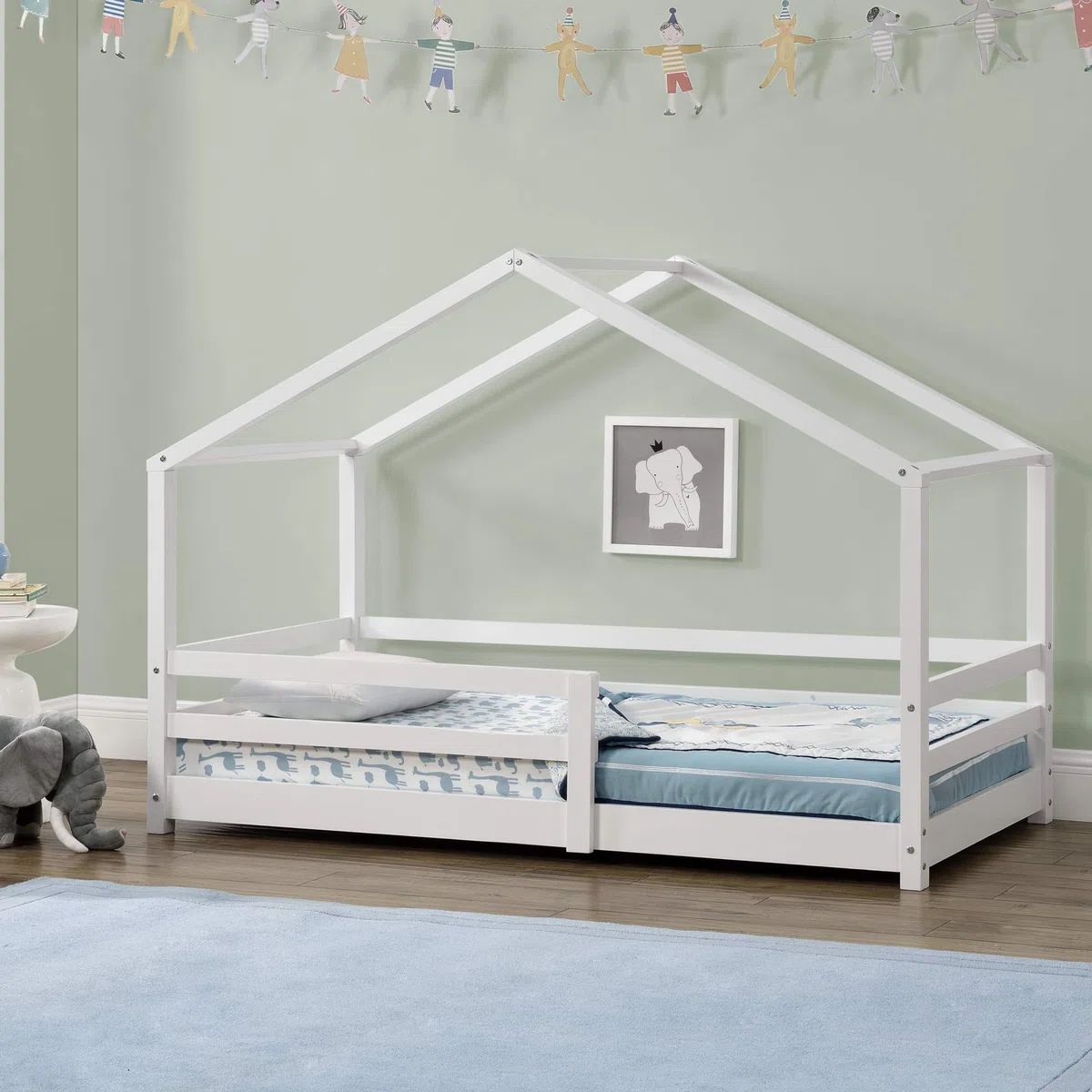 [en.casa] Cama para Niños Knätten Decorativa Cama Infantil con Somier y Reja de Seguridad Estructura en Forma de Casa Estilo Montessori Madera de Pino 70 x 140 cm - Blanco Lacado