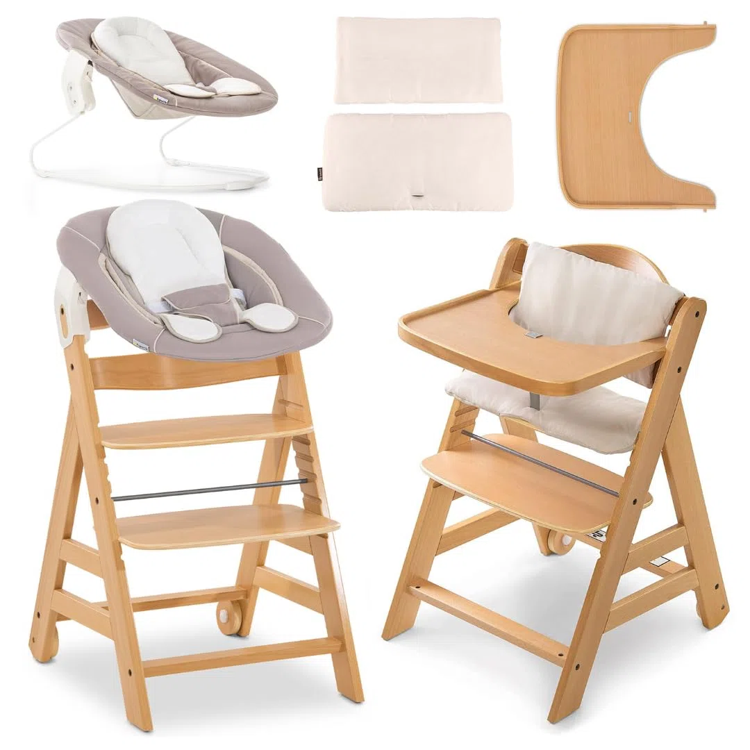 hauck Alpha Move Newborn Set deTrona Evolutiva Bebe, Tronas de Bebe Evolutiva con Hamaca Bebé Recien Nacido, Cojín y Bandeja, Trona Niño Regulable - Natur/Stretch Beige