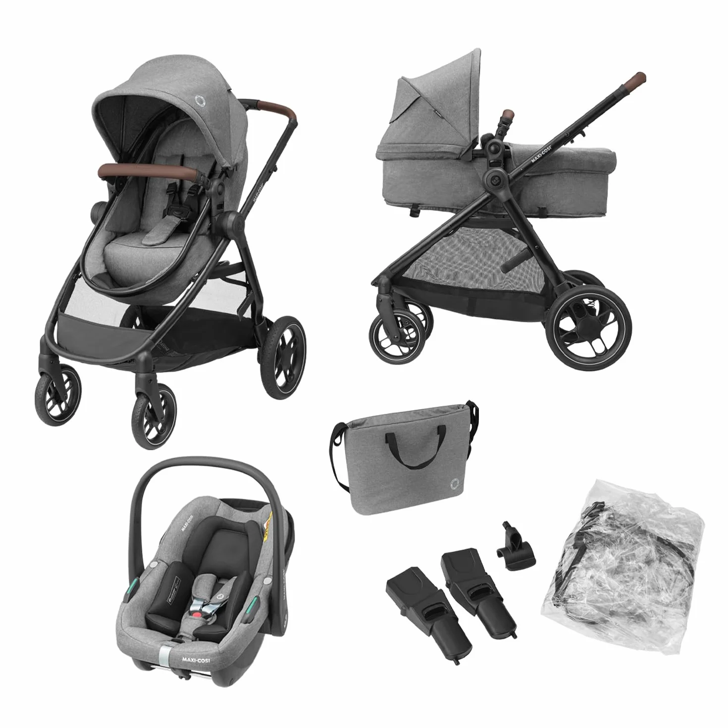 Maxi-Cosi Zelia S Trio Cochecito Bebe 3 Piezas, 0 - 4 Años, hasta 22 kg, Plegable, Compacto y Reclinable Silla de Paseo, con CabrioFix S i-Size Silla Coche Bebe, Accesorios, Bolso Cambiador, Gris