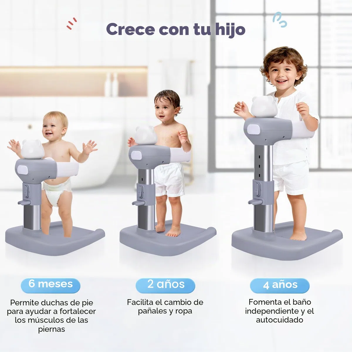 Soporte de baño y ducha para bebé - 6 Meses a 48 Años - Estante de ducha regulable en altura con Base Antideslizante y Asientos, Soporte Bebe Bañera para Niños Pequeños