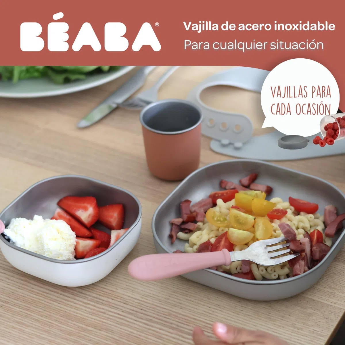 Béaba Juego de Comida Bebé de Acero Inoxidable, 3 Piezas, Vaso y 2 Platos, Apto para Microondas y Lavavajillas, Sano y Resistente, Ligero, Irrompible, Antideslizante con Tapa de Silicona, Terracotta