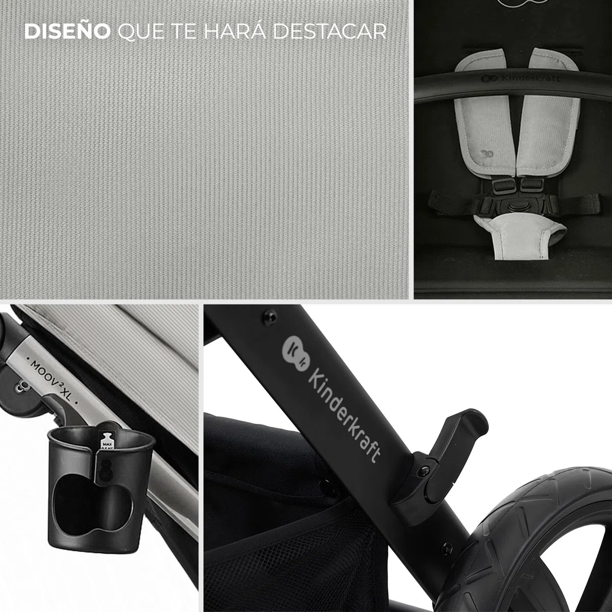 Kinderkraft MOOV XL 3 en 1, Carrito bebé hasta 27 kg, Carro, Con Asiento I-SIZE 40-75 cm, Plegable, Amortiguación, Convertible, Capazo XL, Con accesorios, Gris Claro