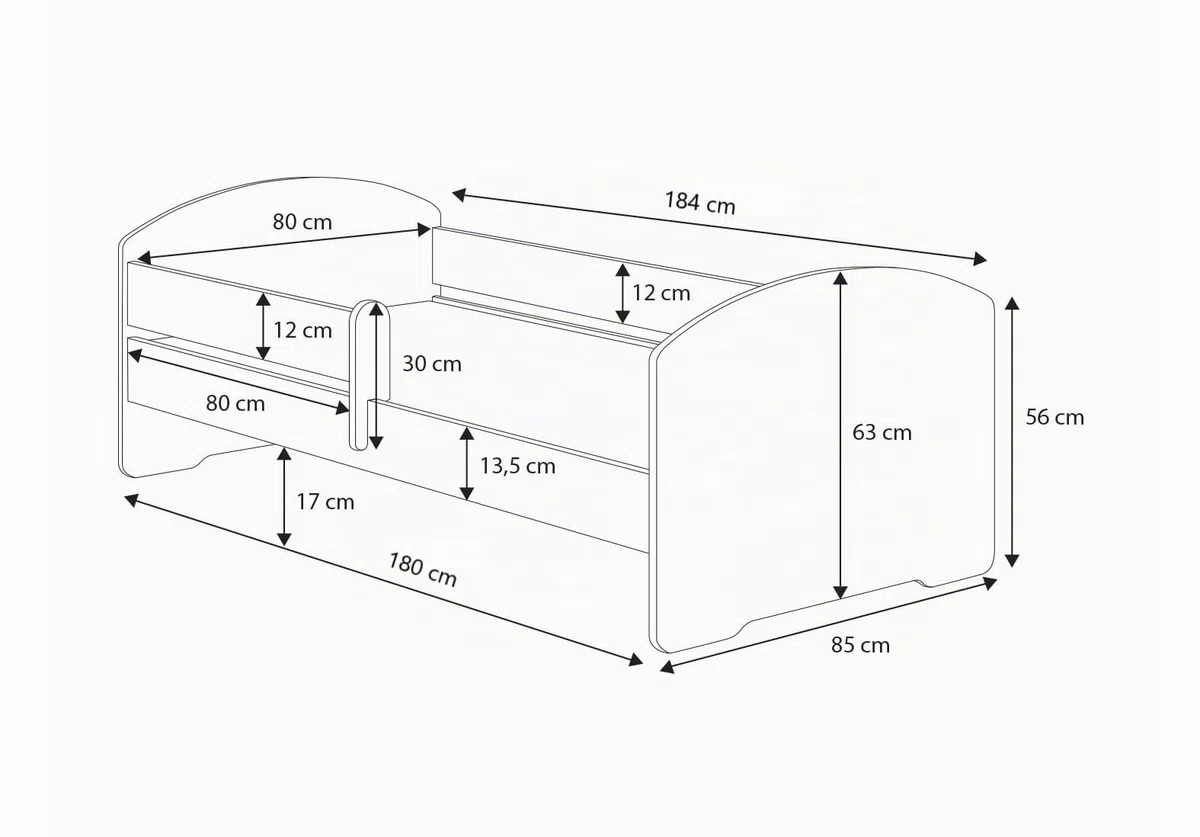 KOBI Cama Niño LUK Blanco 180x80 | Una cama para una habitación infantil y adolescente | Cajón, barrera de seguridad y colchón Incluido |