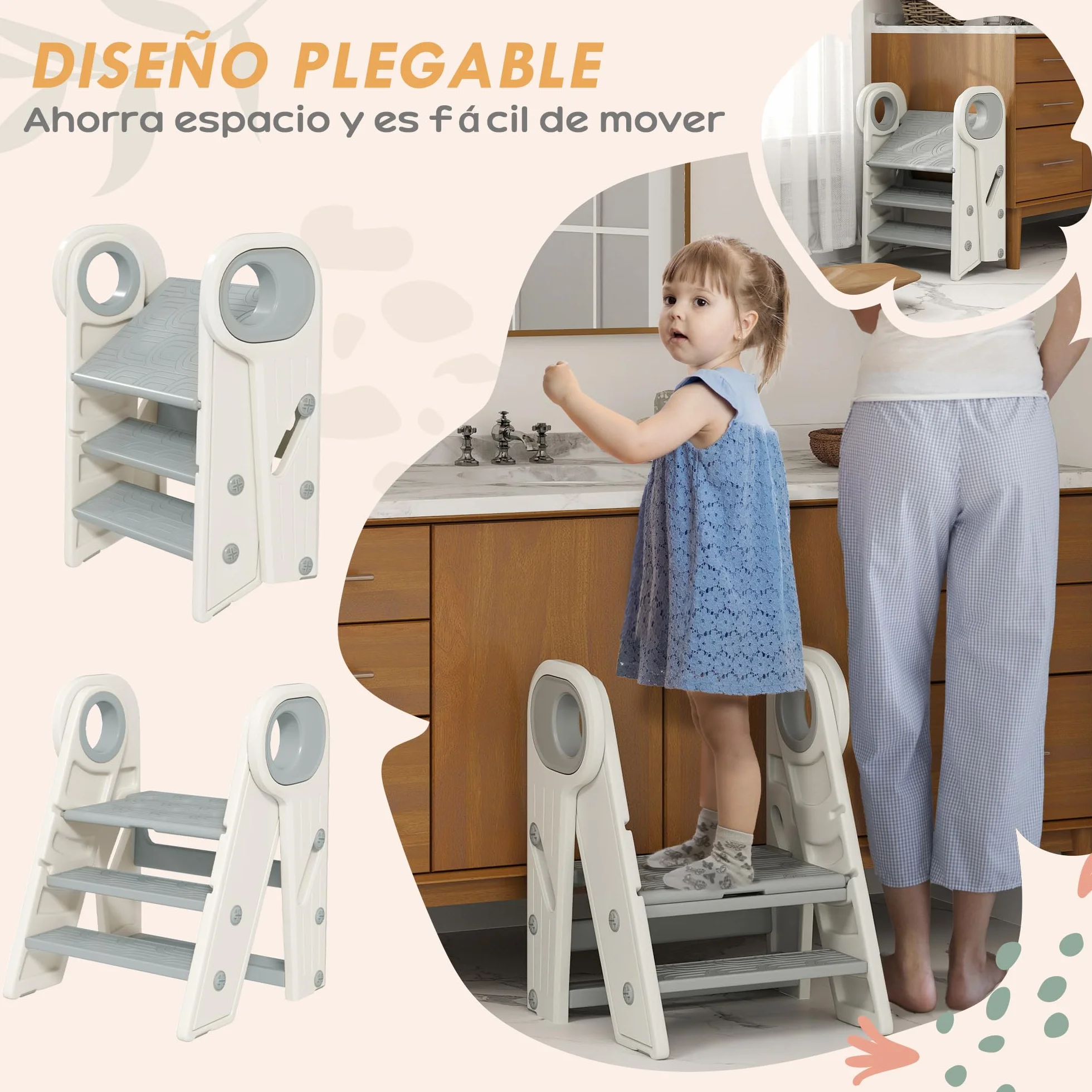 AIYAPLAY Taburete Plegable Torre de Aprendizaje Ajustable para Niños 18-60 Meses Antideslizante Gris y Blanco