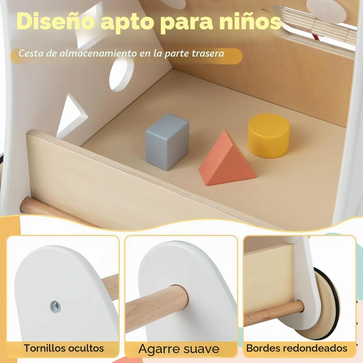 FANTASK Andador 7 en 1 de Madera, con Caja de Almacenamiento, Color Blanco, con Tablero de Juego, Espejo y Bloques de construcción, para bebés a Partir de 1 año