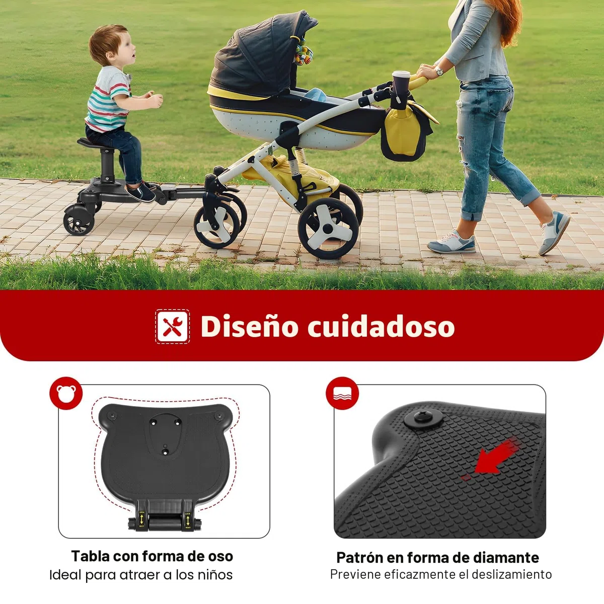 Kiddyboard - Tabla para cochecito de bebé (universal, hasta 25 kg, con asiento para cochecito, tabla de ruedas, tabla de escalones)