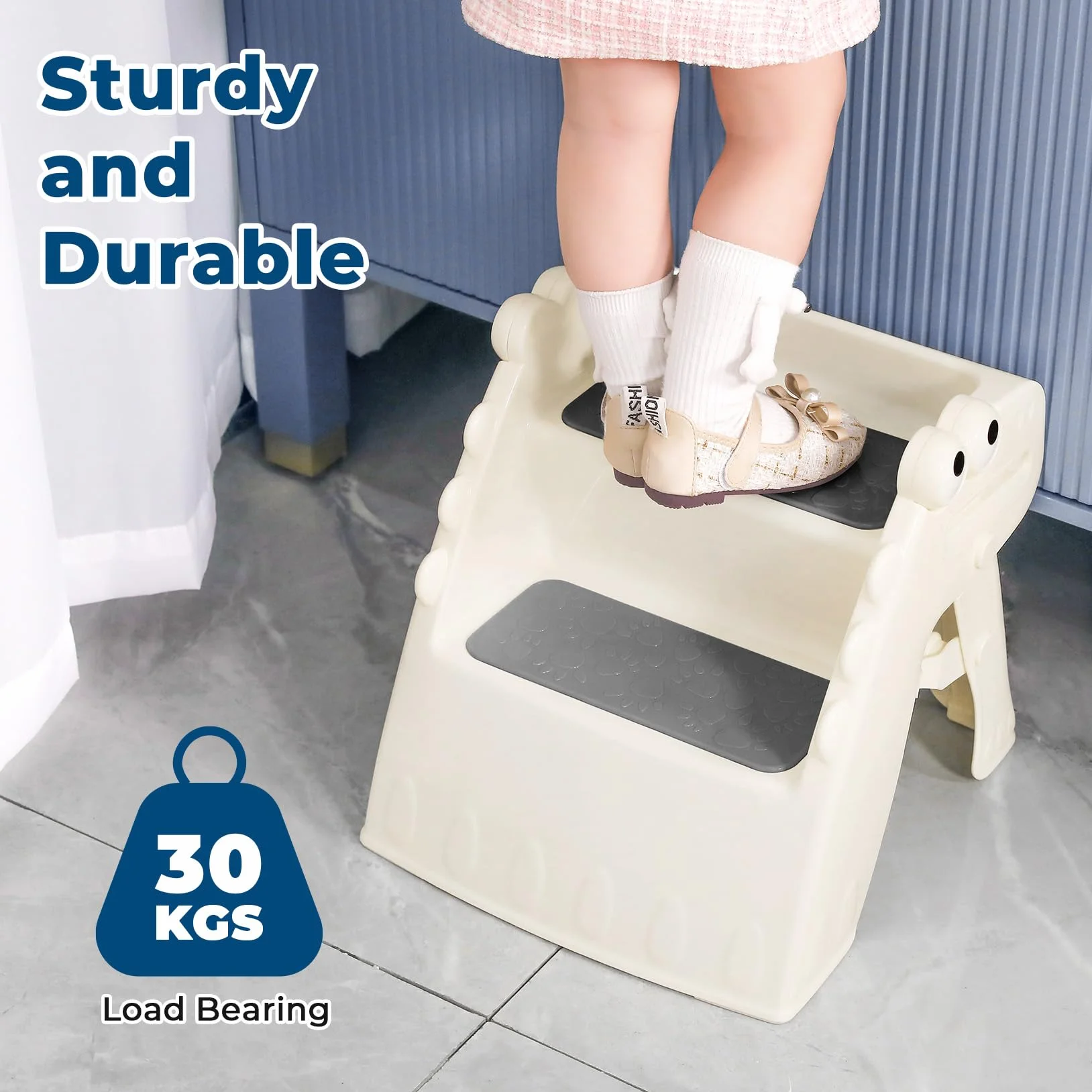 Onasti Taburete Plegable para Niños con Escalón Antideslizante 2 Pasos, Diseño Dinosaurio Blanco