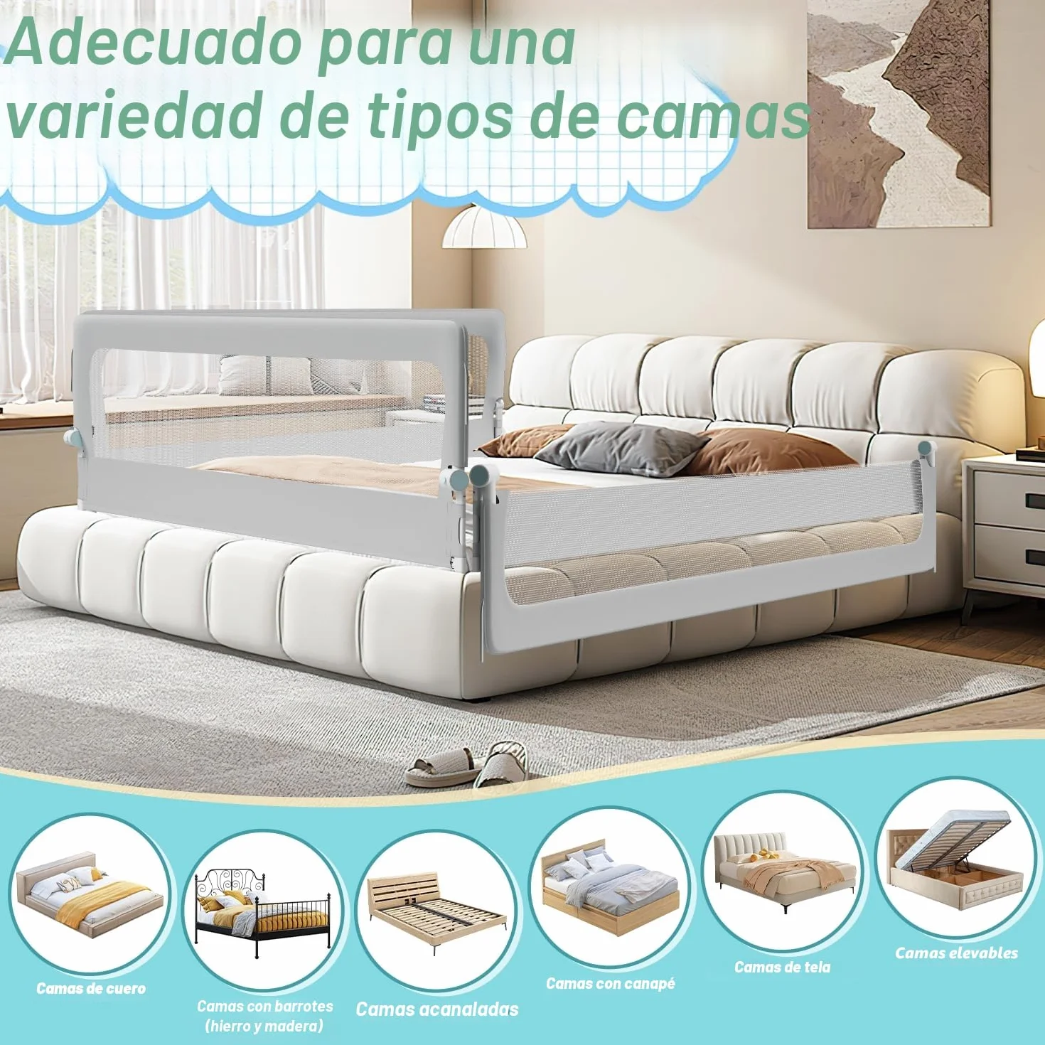 Barrera para cama de 180 cm, protección contra caídas, plegable 180 grados, altura ajustable 72-86 cm, rejilla para cuna con patas trapezoidales y correas de fijación, gris