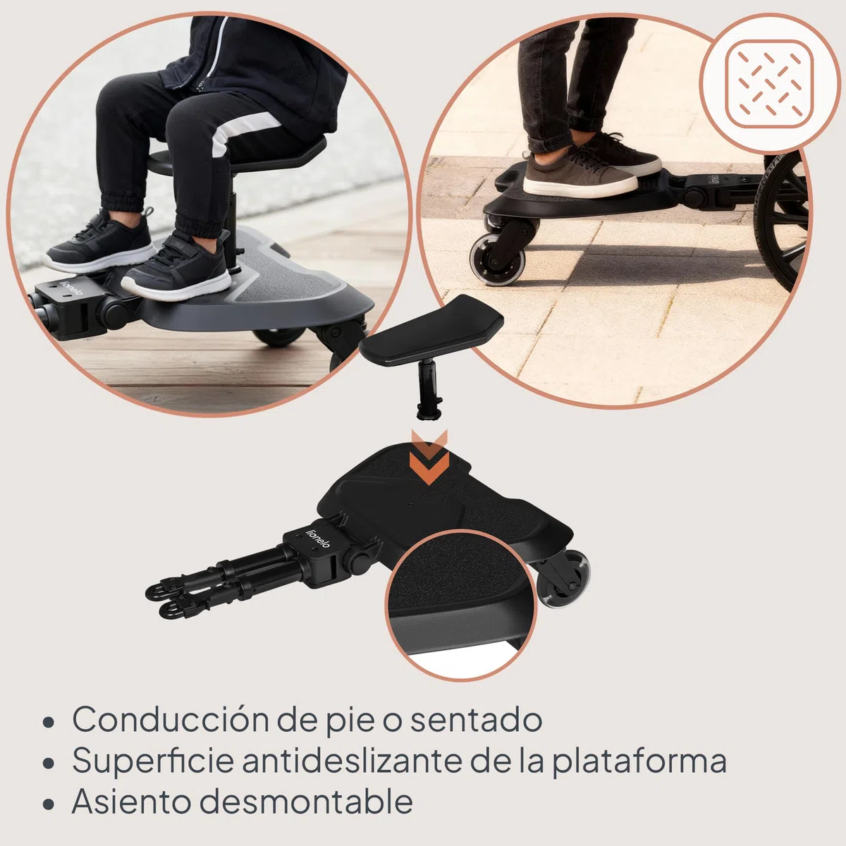 LIONELO Buggy Board Patín Carro Bebé Universal Asiento Desmontable, Reposapiés Universal, Niños de 2 a 5 años, Capacidad de 25 kg, Suspensión, Ruedas LED
