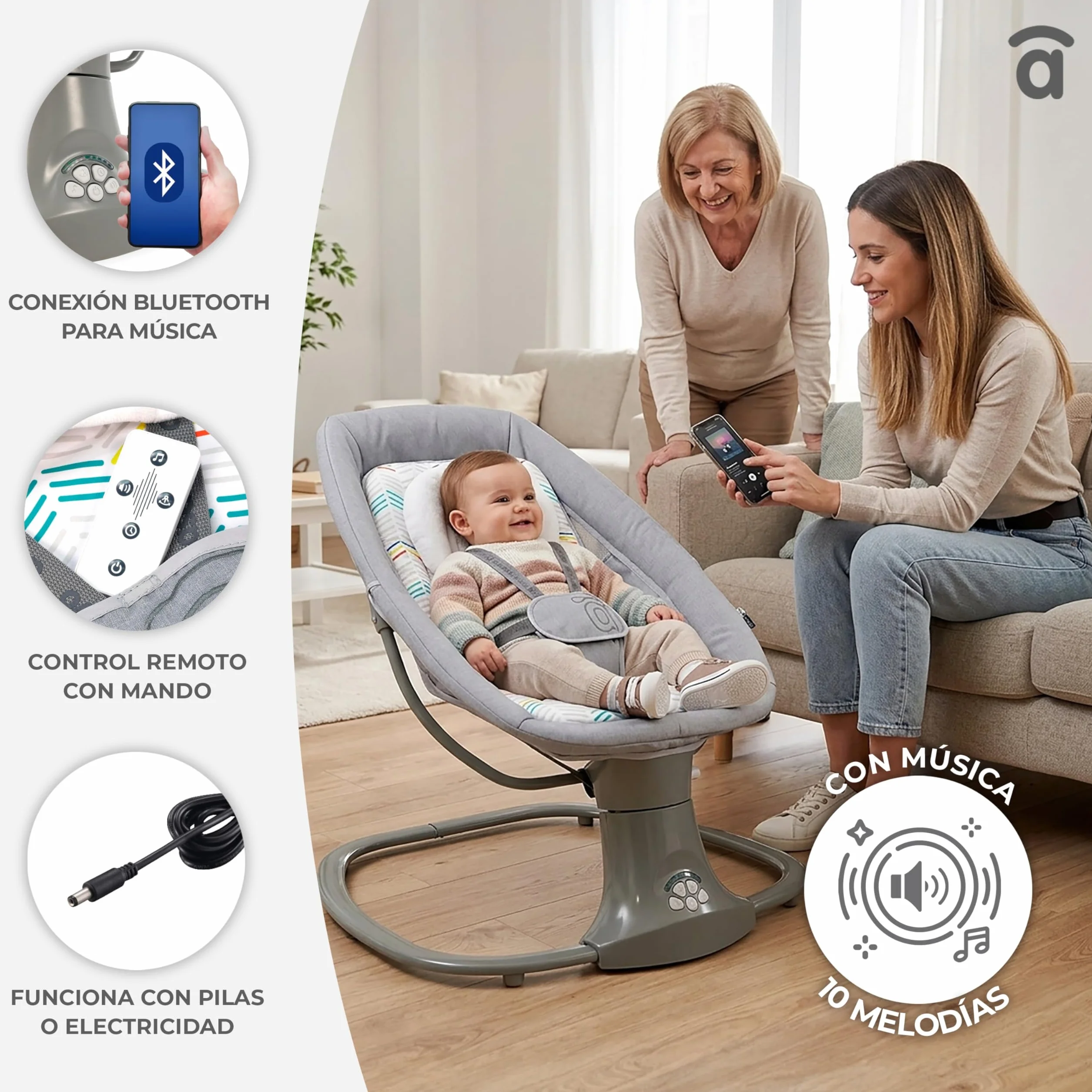 Asalvo Kahlo Hamaca Balancín con Música y Bluetooth, Balanceo Automático 5 Niveles, Capota con Mosquitera, Juguetero con 2 Juguetes, reposa Cabezas, Desde 0 Meses hasta 9 Kg, Textil Lavable, Gris