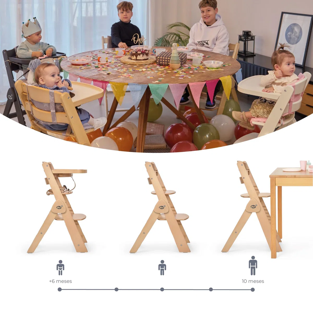 ms Trona para bebé de Madera Full PLEGABLE - Evolutiva- Silla Alta, Ergonómica, Regulable, Segura, Madera/Gris