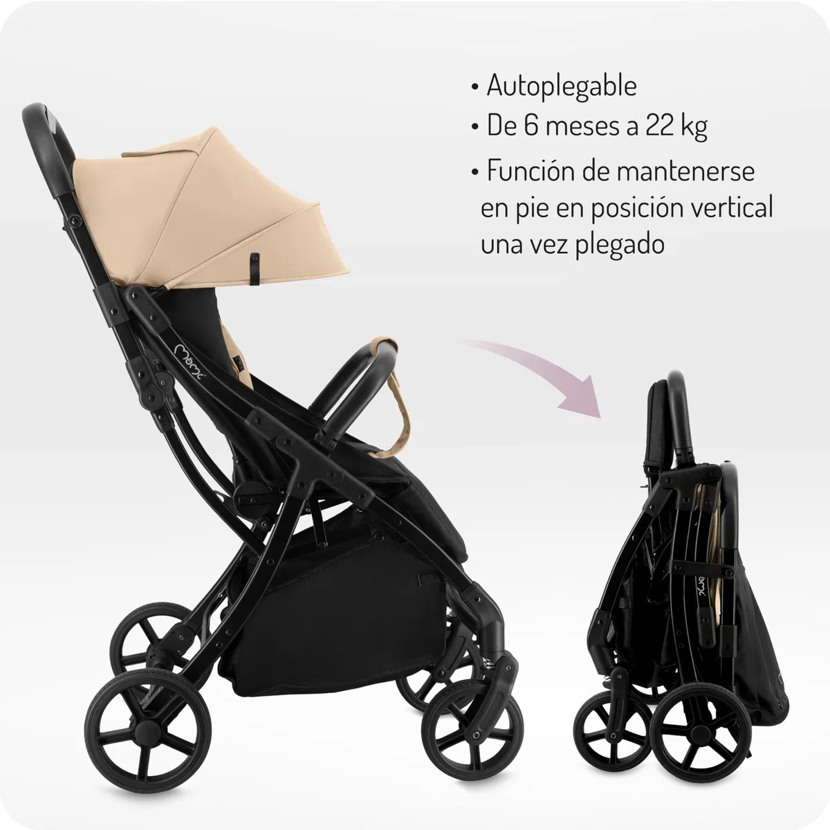 MoMi PAOLA Silla de Paseo Ligera y Compacta hasta 22 kg, Plegado Automático, Arnés de 5 Puntos, Ruedas con Suspensión, Cesta de Almacenamiento, Portavasos