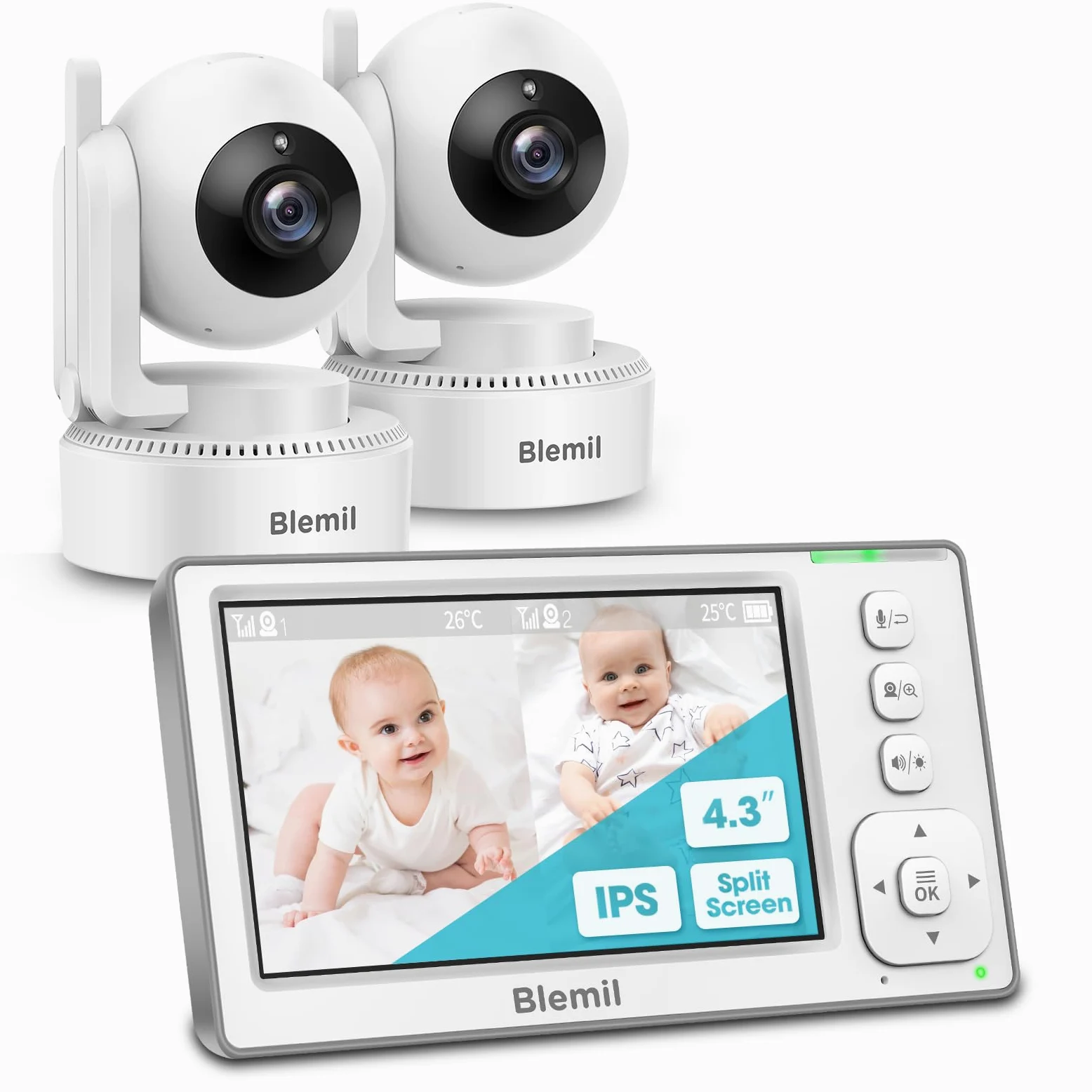 Monitor de bebé actualizado con batería de 29 horas, monitor de video IPS de pantalla dividida de 4.3 pulgadas con dos cámaras y audio, panorámica/inclinación/zoom remoto, conversación bidireccional
