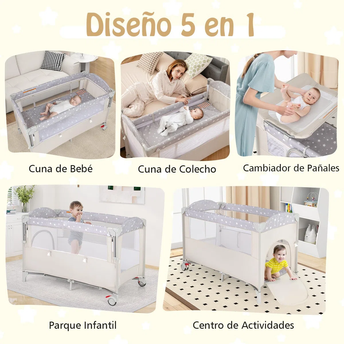 RELAX4LIFE 5 en 1 Cuna Infantil Bebe con 2 Ruedas Bloqueables, Cambiador, Correa Fijación, Caja de Música y 3 Juguetes Colgantes, Cuna con Colchón y Bolsa de Transporte para Bebés 0-36 Meses (Beige)