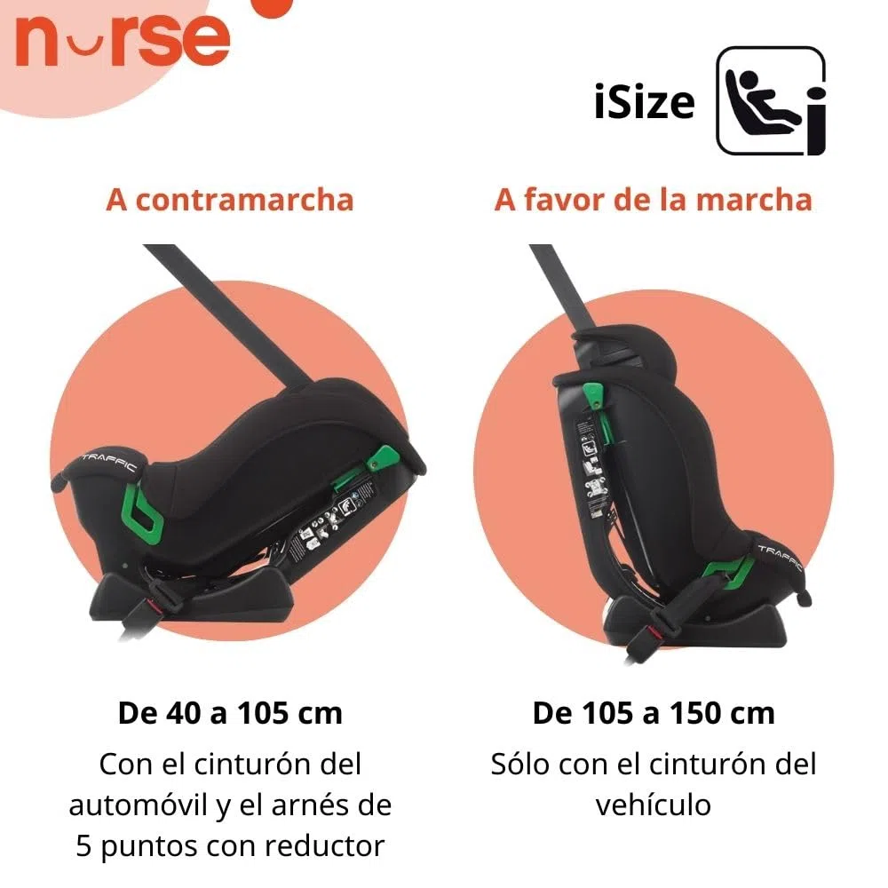 Nurse Traffic Silla de Coche i-Size 40-150 cm, 0-12 Años, Sin Isofix, Contramarcha, Reclinable, con Reductor, Instalación con Cinturón, Negro