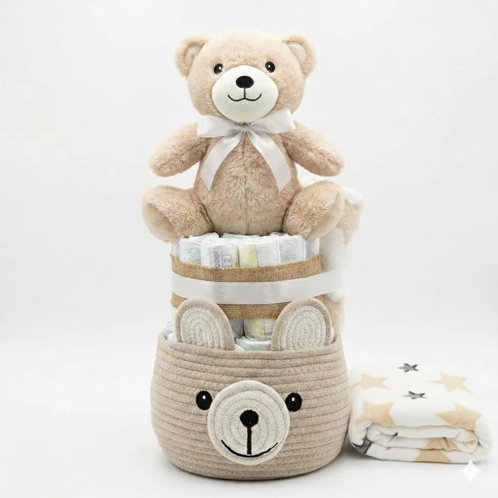 Tarta Pañales para Bebé Recien Nacido con Cesta Regalo con Peluche Oso Marrón y Manta con Dedicatoria Canastilla Bebe Original Sensitive Unisex Detalle Nacimiento Baby (2 Pisos 25 Pañales Talla 2)
