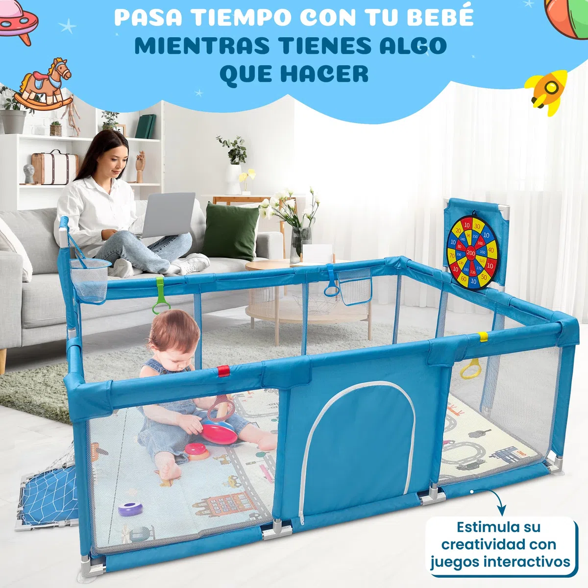 BabyJoy Parque Infantil Bebe 120x180cm - Corralito Bebe Acolchado y Equipado con Diana de Velcro, Canasta, Portería y más accesorios. Parque para Bebes Seguro, Amplio y Divertido
