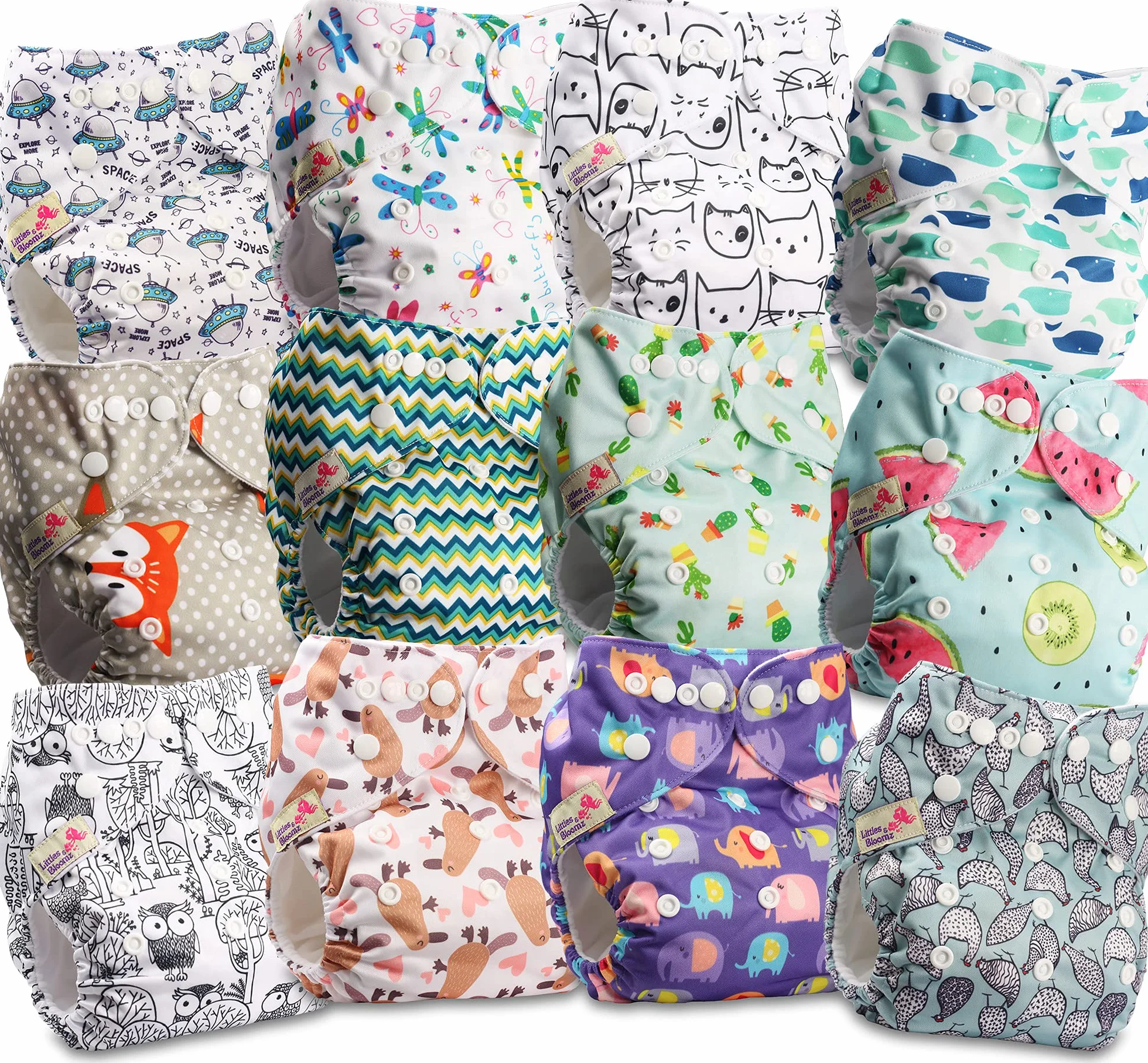 Littles and Bloomz - Pañal reutilizable con bolsillo para bebé, pañal de tela de tamaño estándar, 12 pañales, FLP2-1203