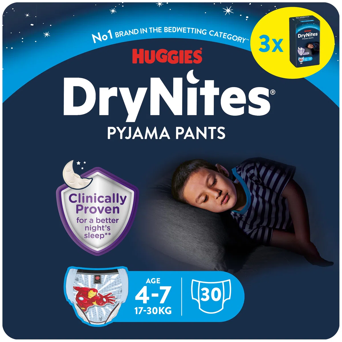Huggies DryNites Pañales de Noche para Niño 4-7 (17-30 kg), Clínicamente Probado con 5 Capas de Máxima Protección Nocturna, 3 Packs de 10, Total 30 Bragas Absorbentes