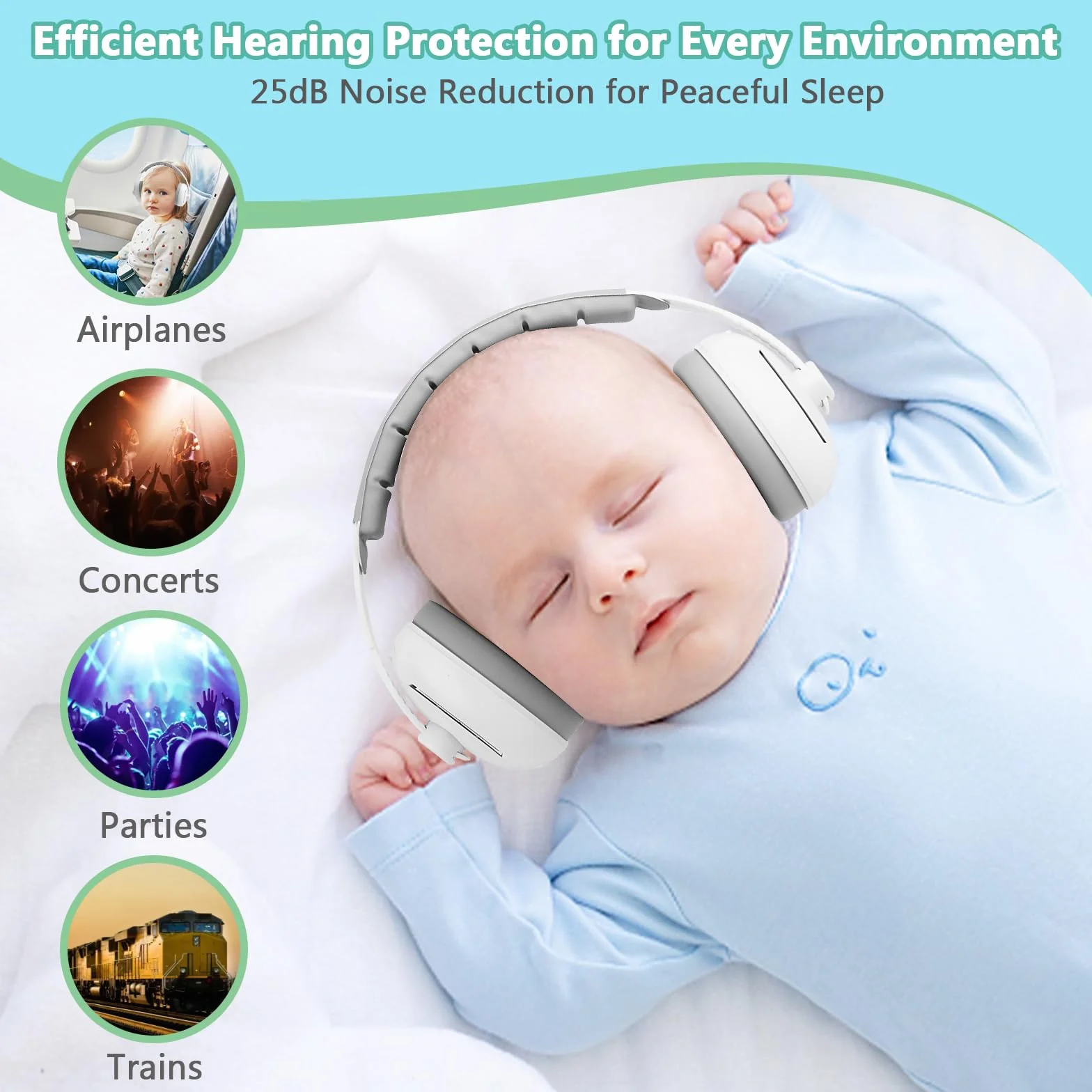 Cascos Bebe Antiruido Protectores Auditivos para Bebé 2-en-1 (0-4 años),Reducción de Ruido de 25dB, Banda Ajustable y Carcasa ABS Ligera