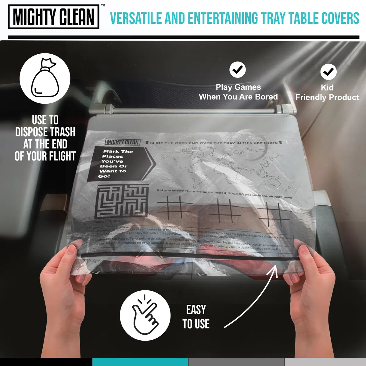 Mighty Clean - 15 Protectores Desechables de Bandeja de Viaje │ Esenciales de Viaje en avión para niños pequeños, niños y Adultos │ Imprescindible para Volar │ Proporciona una Superficie Limpia y
