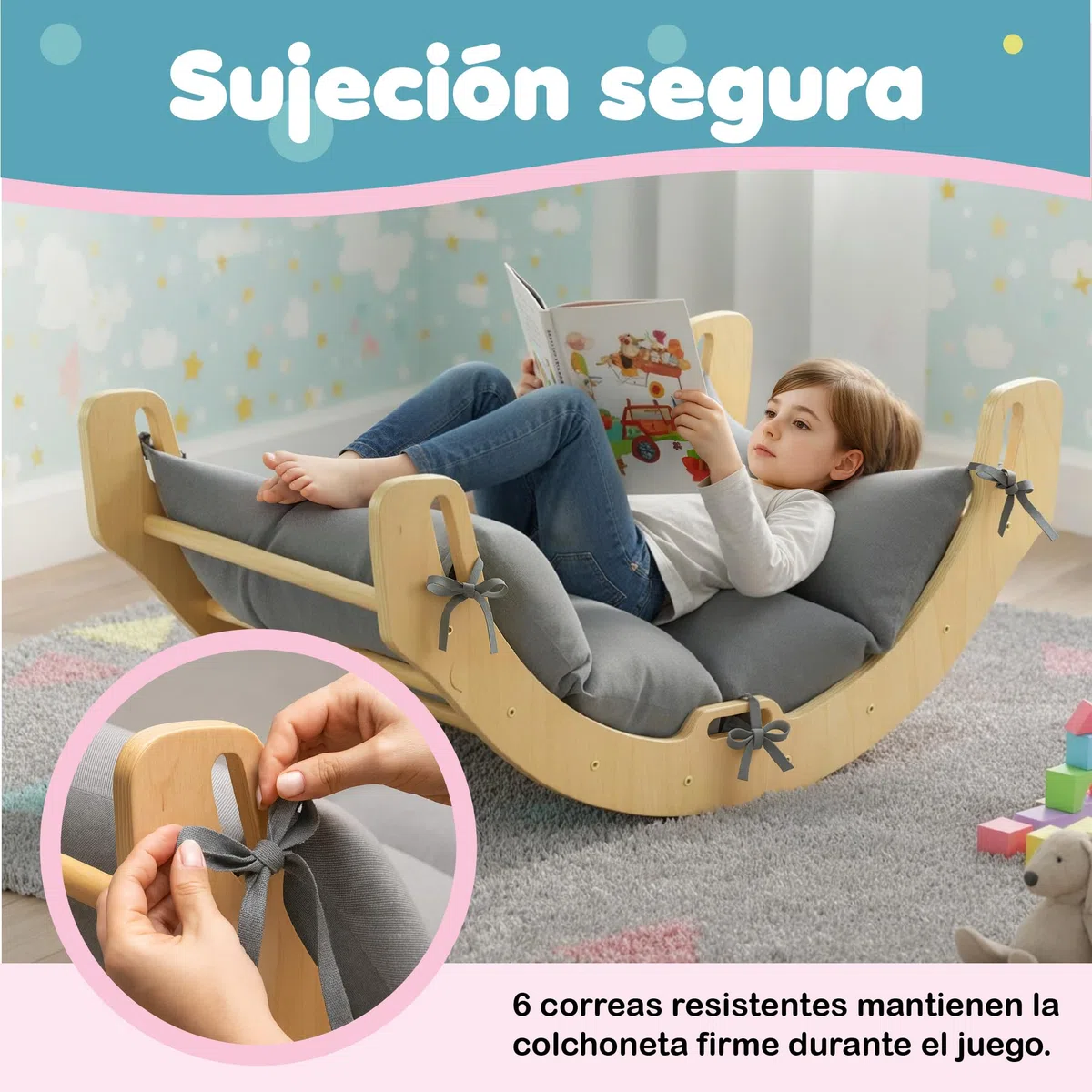 COSYLAND Cojín para Arco de Escalada para Niños 95 x 48 x 13 cm Cojín Balancín Infantil Extra Grueso y Suave Colchoneta Lavable con 6 Cintas para Leer Jugar y Descansar