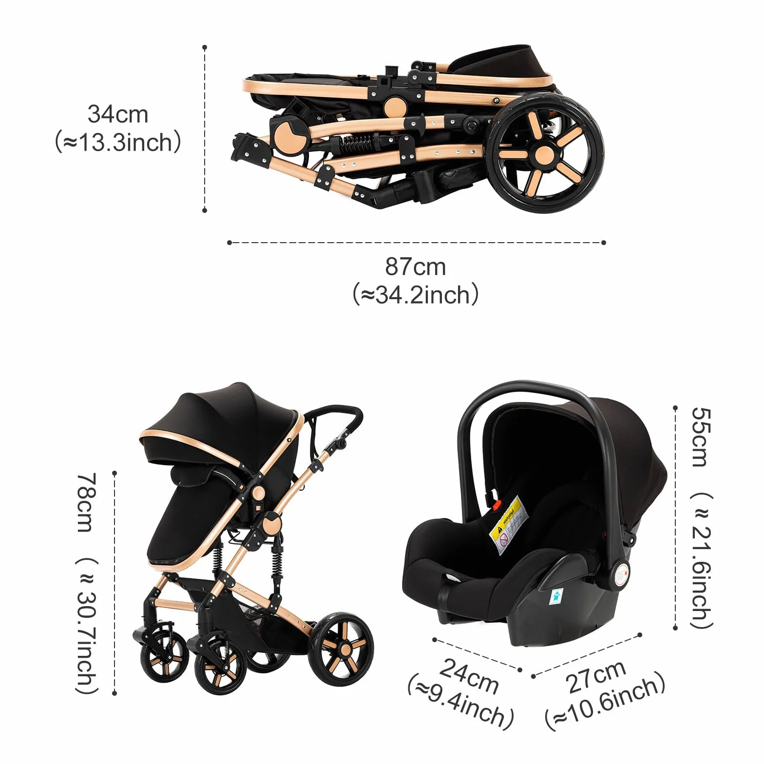 Carro Bebe 3 Piezas, Carrito Bebe 3 en 1 con Dos Modos de Empuje Reversibles, Cochecito Tres Piezas con Capazo Grande Cómodo, Carricoche Tres Alto Paisaje (588 Black Gold)