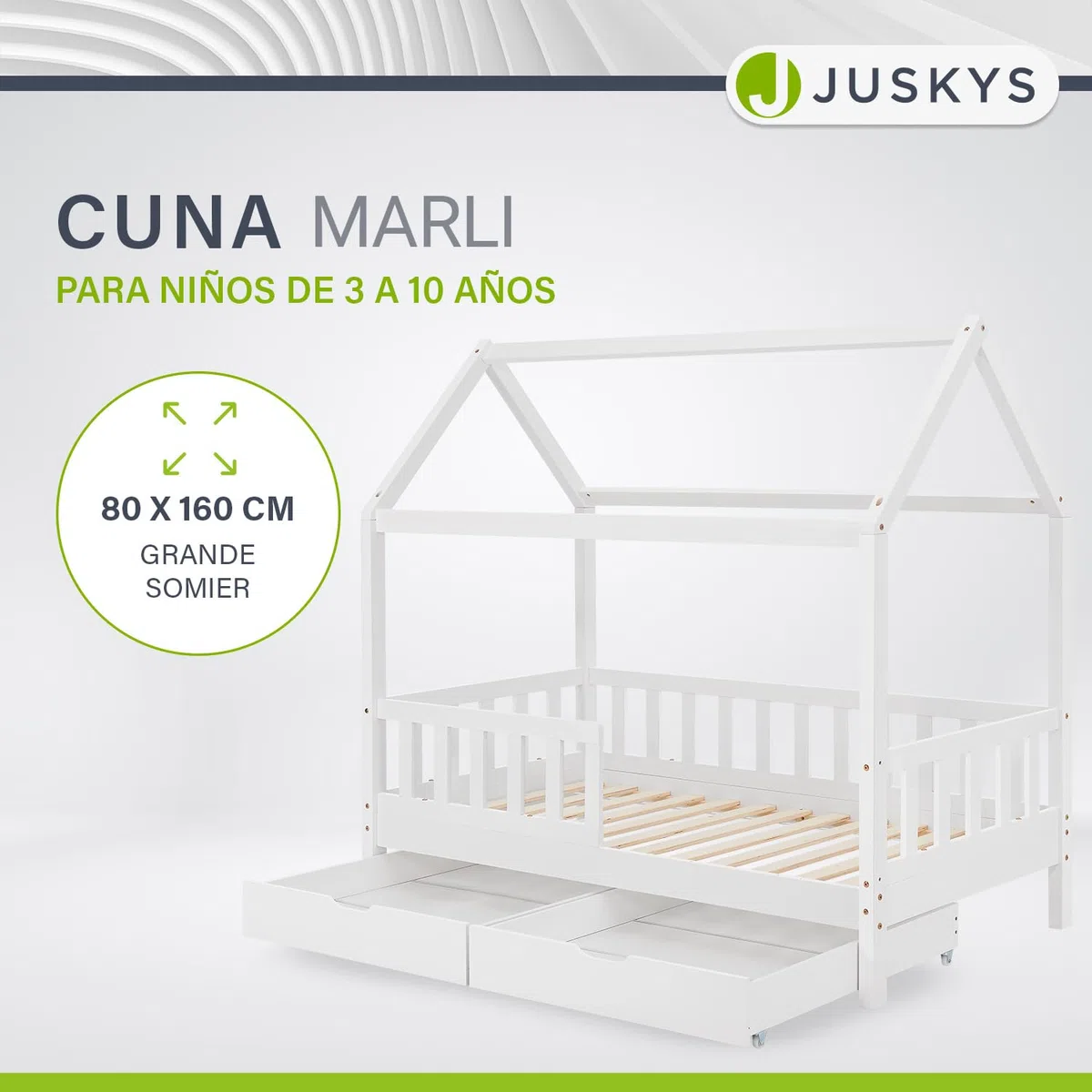 Juskys Cama Infantil Marli 80 x 160 cm con canapé de 2 Piezas, protección anticaída, somier y Techo - Cama de Madera Maciza para niños - Cama en Blanco