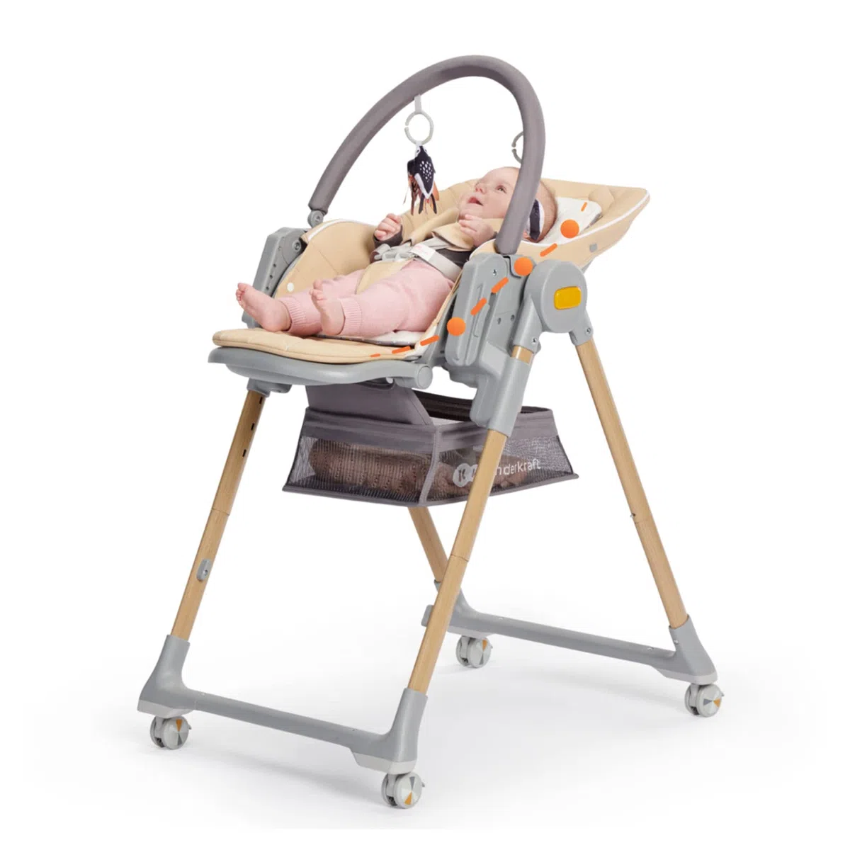 Kinderkraft LASTREE Trona Bebé de madera evolutiva plegable, Hamaca para bebés con Arco 2 juguetes, Asiento reposapiés ajustable, Posición tumbada, Rosa