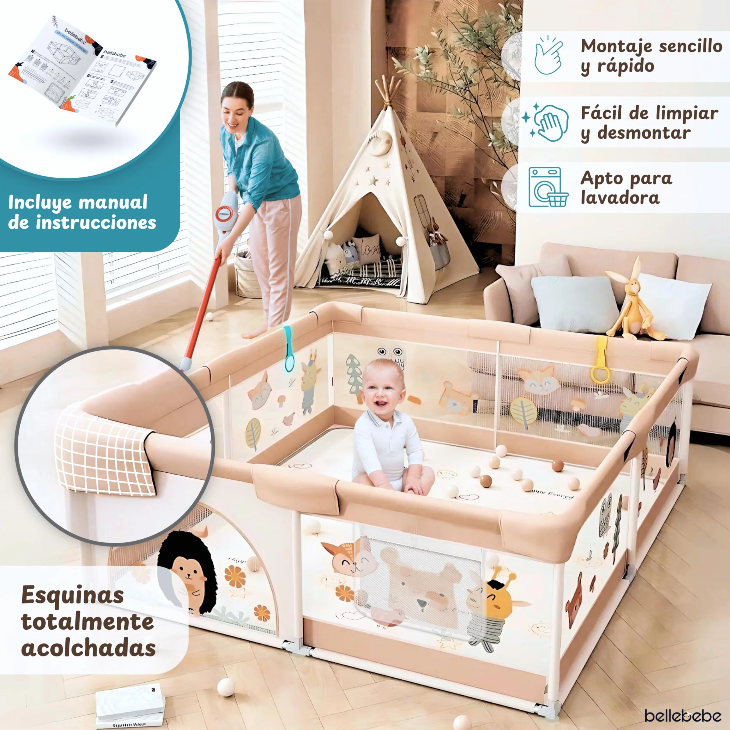 BELLEBEBE Parque Infantil Bebe 150x180cm Corralito Plegable con Alfombra Acolchada y Bolas
