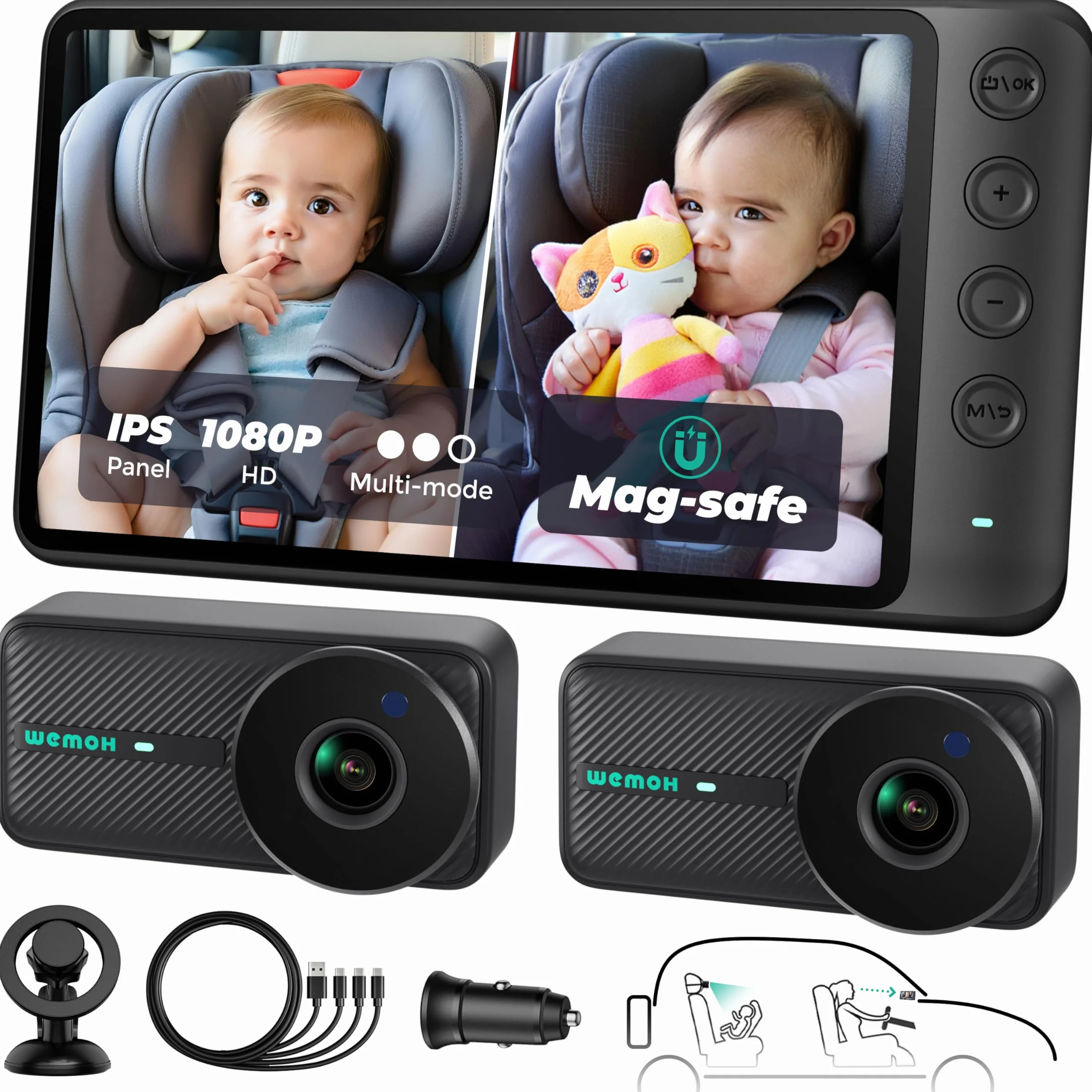 Cámara Magnética Dual para Coche de Bebé para Dos Niños, Pantalla IPS 1080P con Soporte Magnético, 3 Modos (Zoom/Espejo/División), Visión Nocturna Automática, Cámara de Coche Alimentada por USB