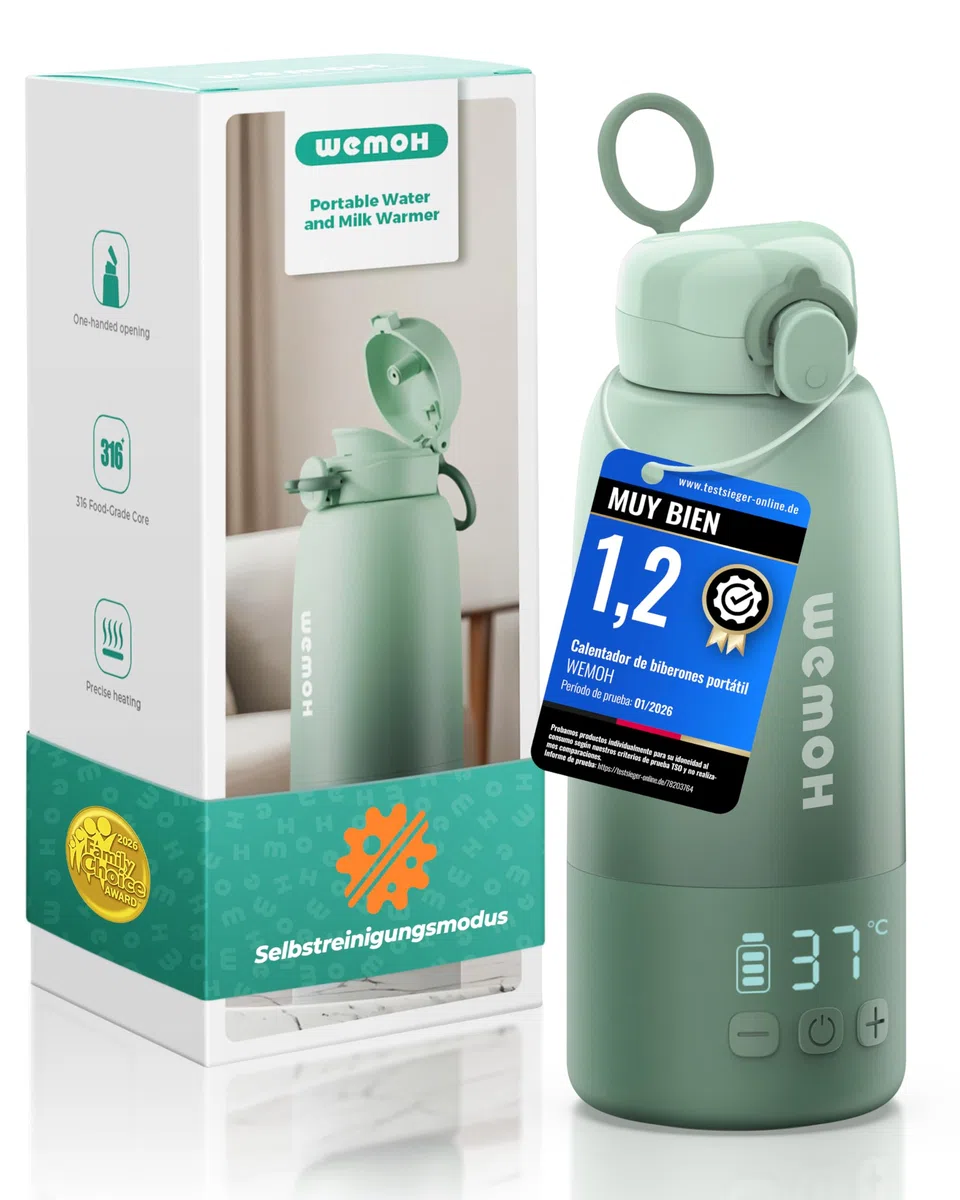 Calientabiberones Portátil: Autolimpieza, control temperatura, 8 tomas/carga, 450ml, 100W para leche materna, fórmula y agua