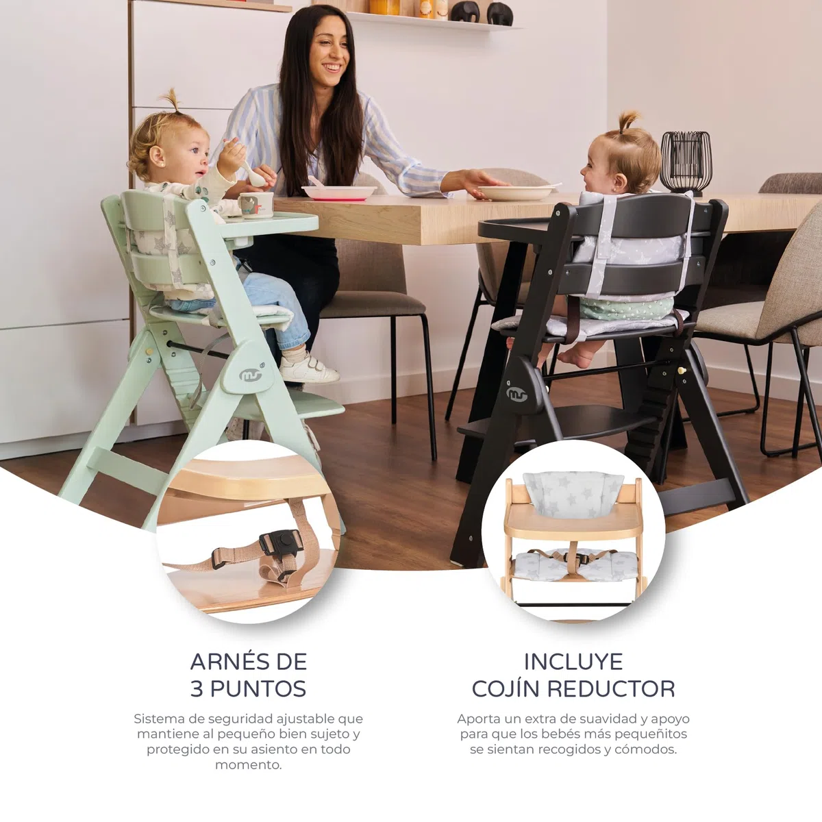 ms Trona para bebé de Madera Full PLEGABLE - Evolutiva- Silla Alta, Ergonómica, Regulable, Segura, Madera/Gris