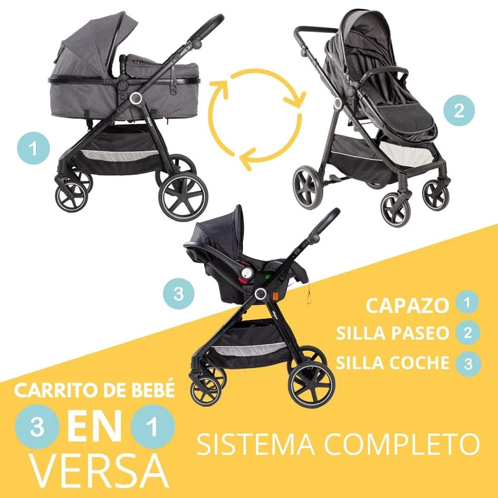 Carrito Bebe 3 en 1 Interbaby | Silla Paseo desde Nacimiento hasta 48 meses o 22 kg | Capazo Acolchado, Amortiguadores, Asiento Ajustable y Silla de Auto (Grupo 0) | Cochecito bebe Modelo Versa Negro