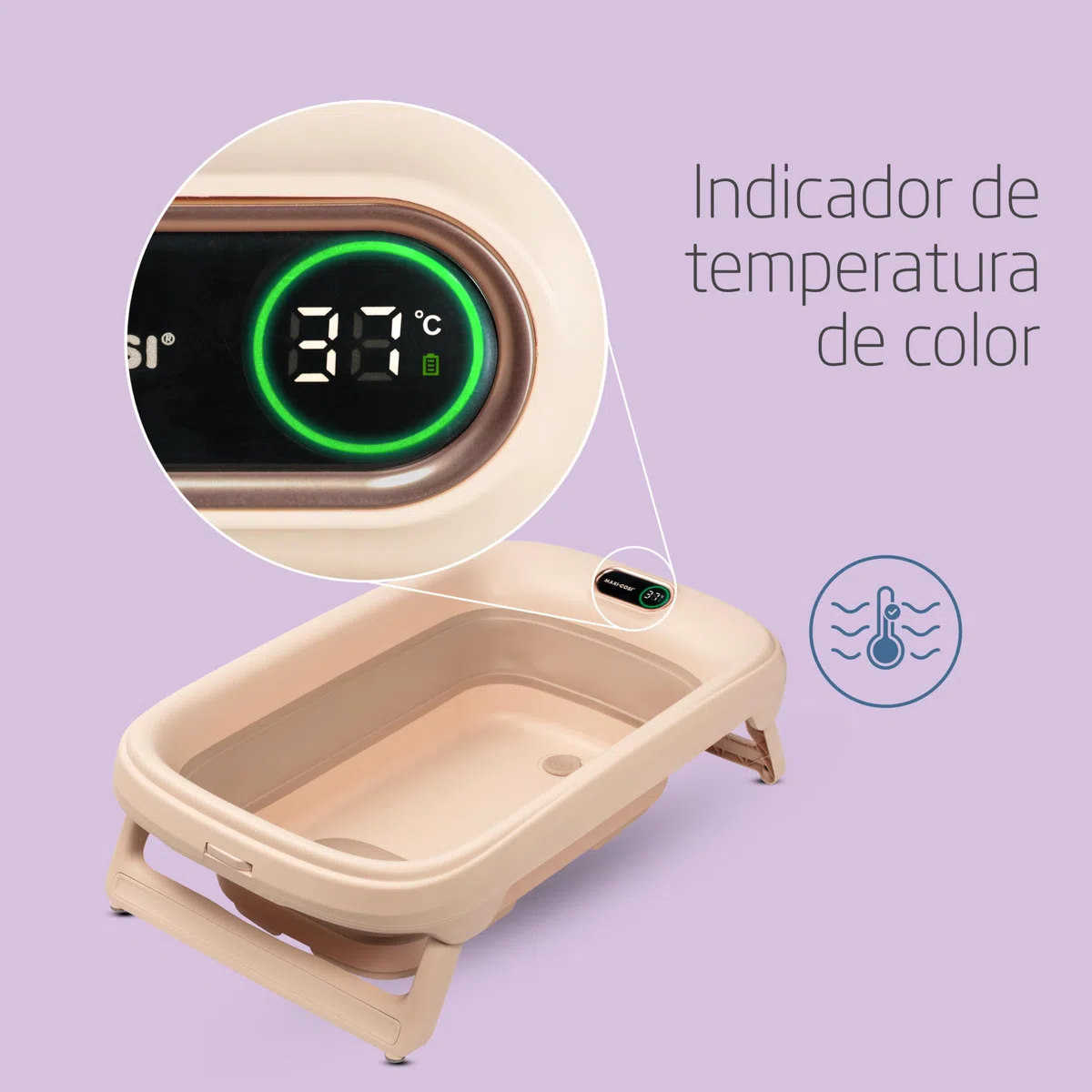 Maxi-Cosi Indigo Bañera Bebé Plegable, 0-4 Años, Bañera Niño Pequeño Espaciosa, Termómetro HighSense Integrado, Antideslizante, Gancho para Colgar Retráctil, Plegado Plano, Muted Terra