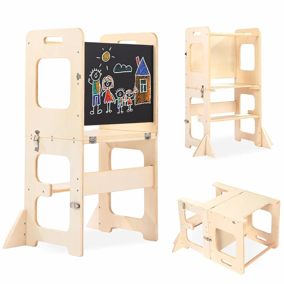 Labebe Montessori Torre per Bambini 3 in 1 Pieghevole Didattica Scala Sgabello con Lavagna Legno da 1 Anno