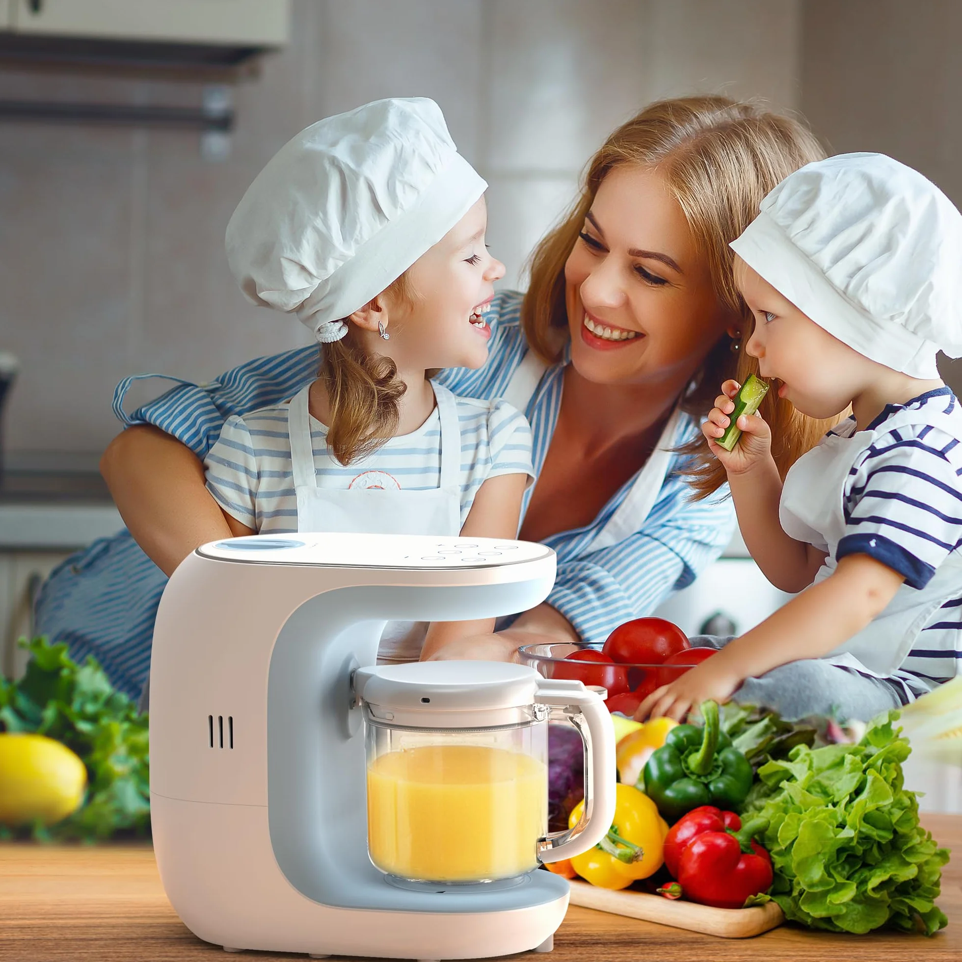 Robots de Cocina al Vapor Procesador de Alimentos para Bebés Multifunción, Cuece al Vapor, Mezcla, Descongela y Calienta, LCD Panel de Control Táctil, Apagado Automático