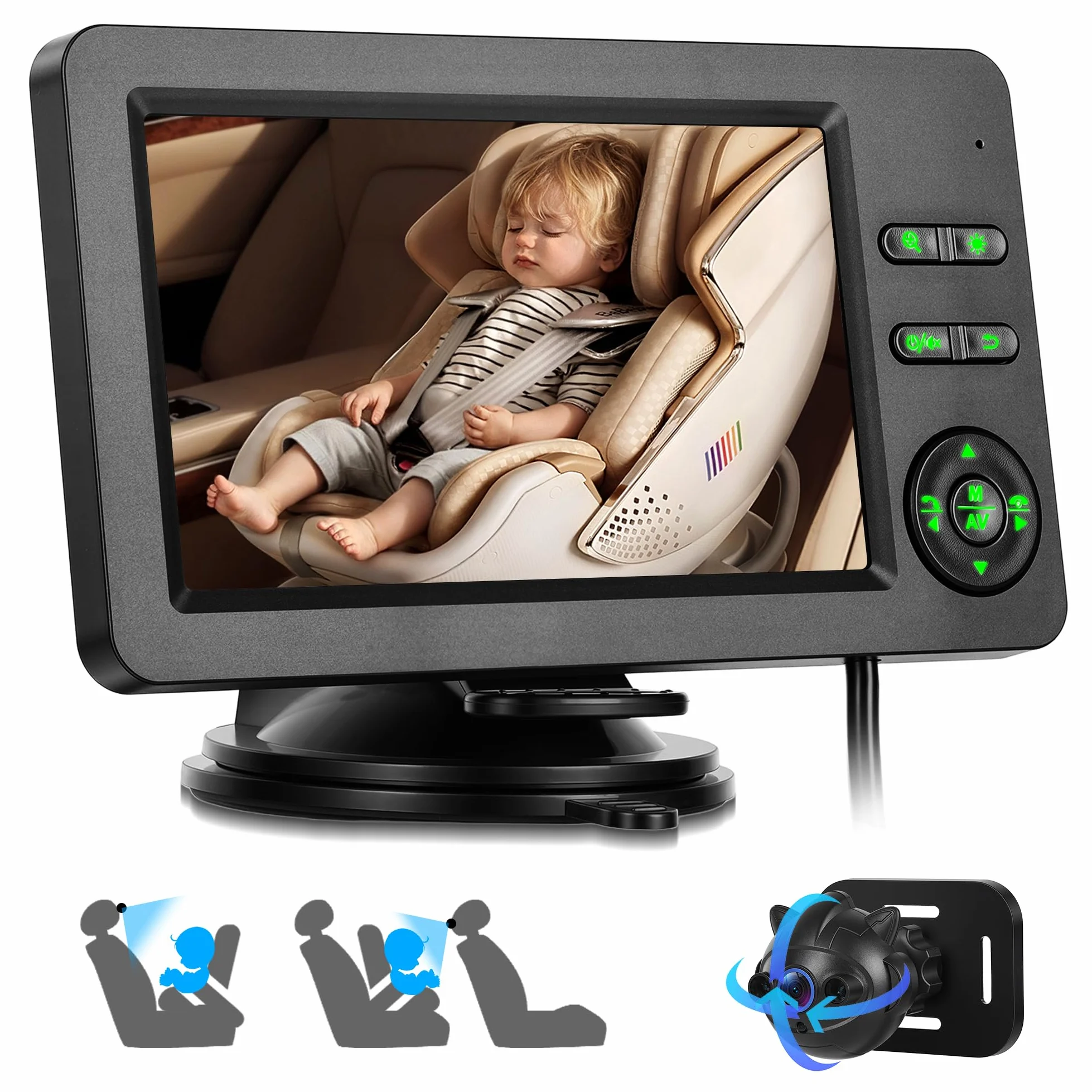 Rimoody Cámara de Coche para Bebé, Espejo de Coche para Bebés para el Asiento Trasero con 4,3 Pulgadas IPS Monitor, Visión Nocturna IR, Manos Libres y Música Bluetooth, Iluminación de Siete Colores