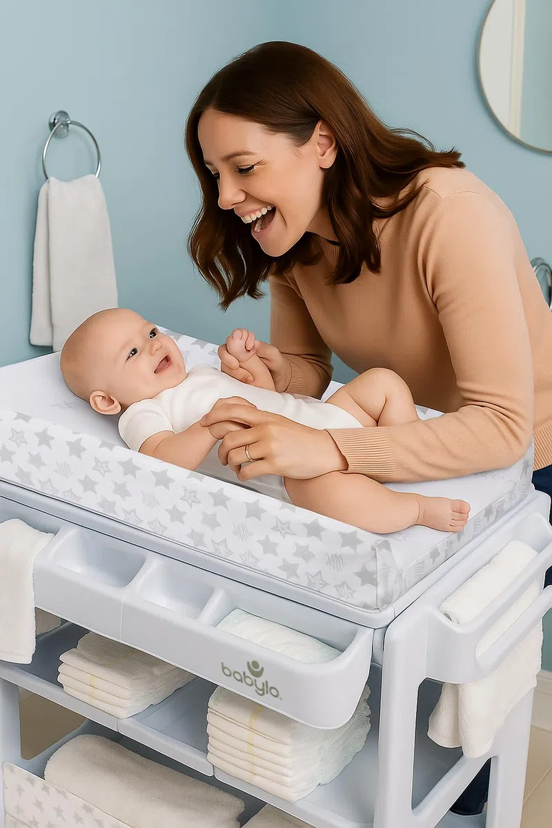 BABYLO Cambiador inteligente con unidad de baño con almacenamiento inteligente y cómodo, luna y estrellas métricas
